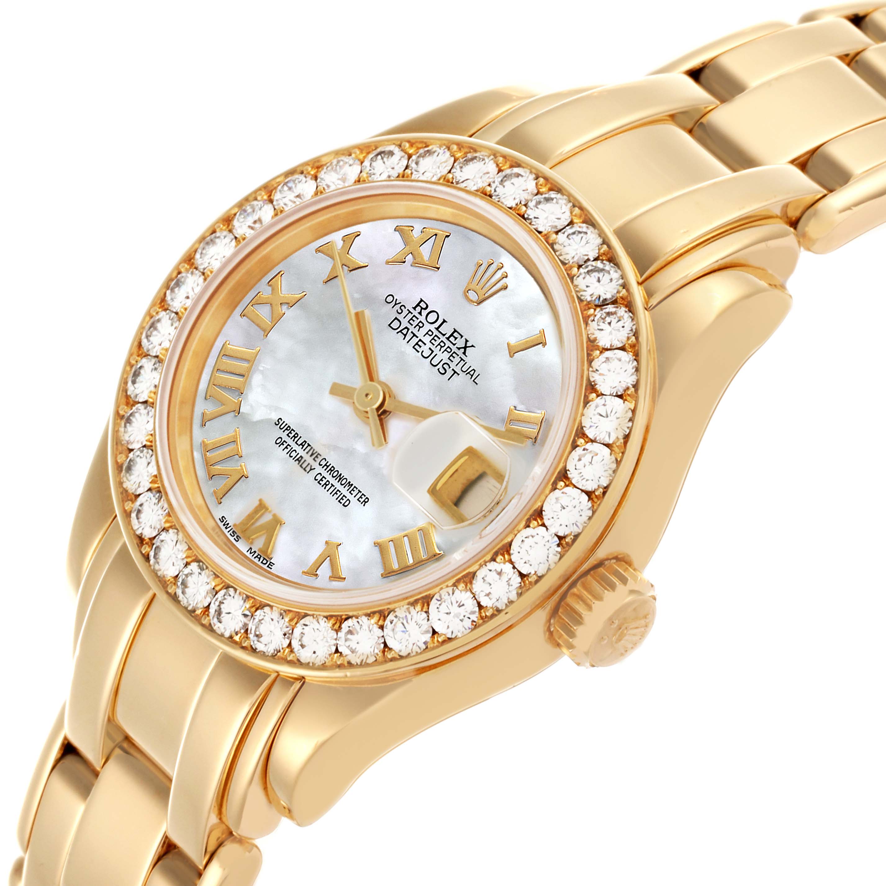 The Rolex Pearlmaster 69298 Women's Yellow Gold Mother of Pearl Dial 69298 Women's Yellow Gold Mother of Pearl Dial watch is shown at an angled top-down view, displaying the face, bezel, and part of the bracelet.