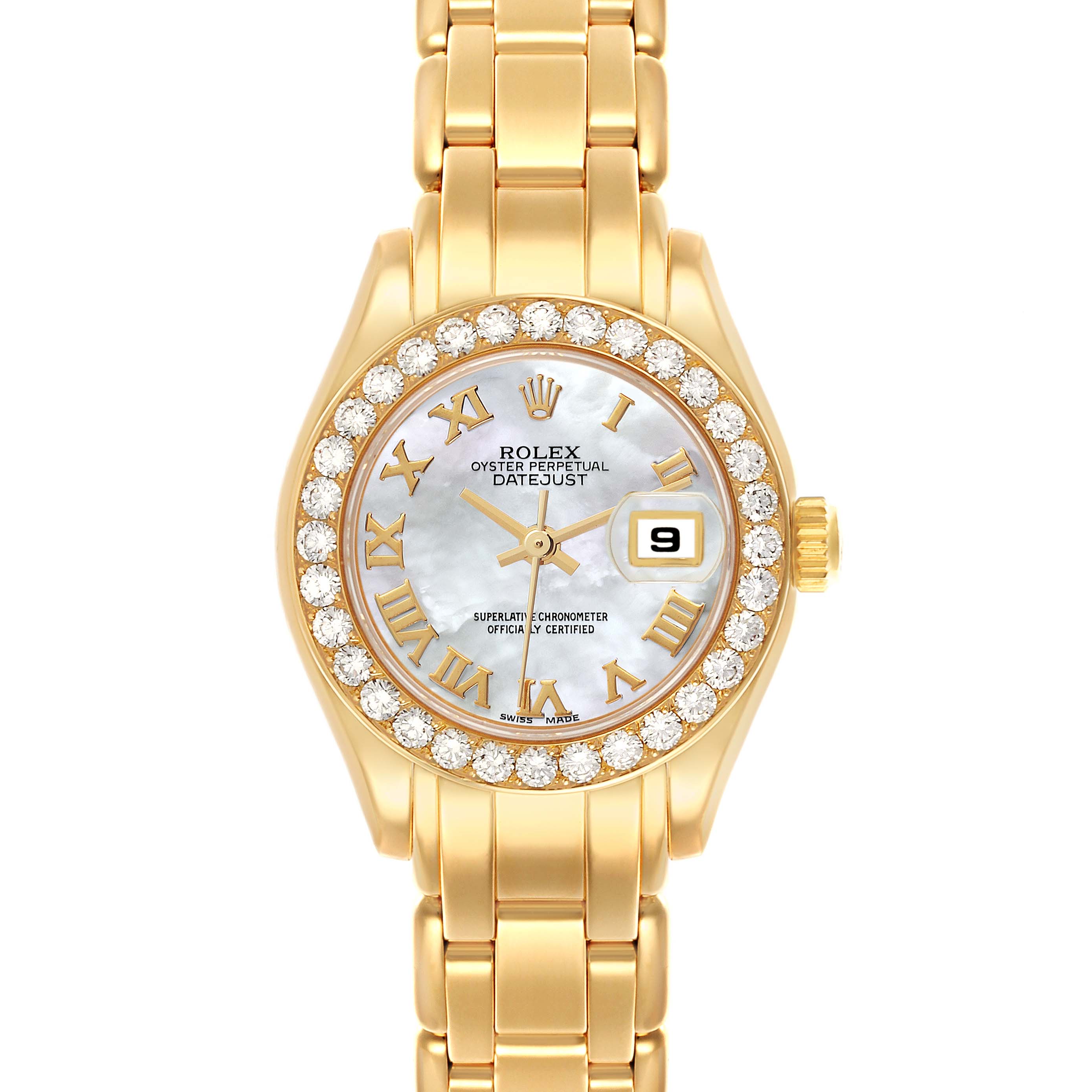 The Rolex Pearlmaster 69298 Women's Yellow Gold Mother of Pearl Dial 69298 Women's Yellow Gold Mother of Pearl Dial watch is shown from a top view, highlighting the face, bezel, and bracelet.