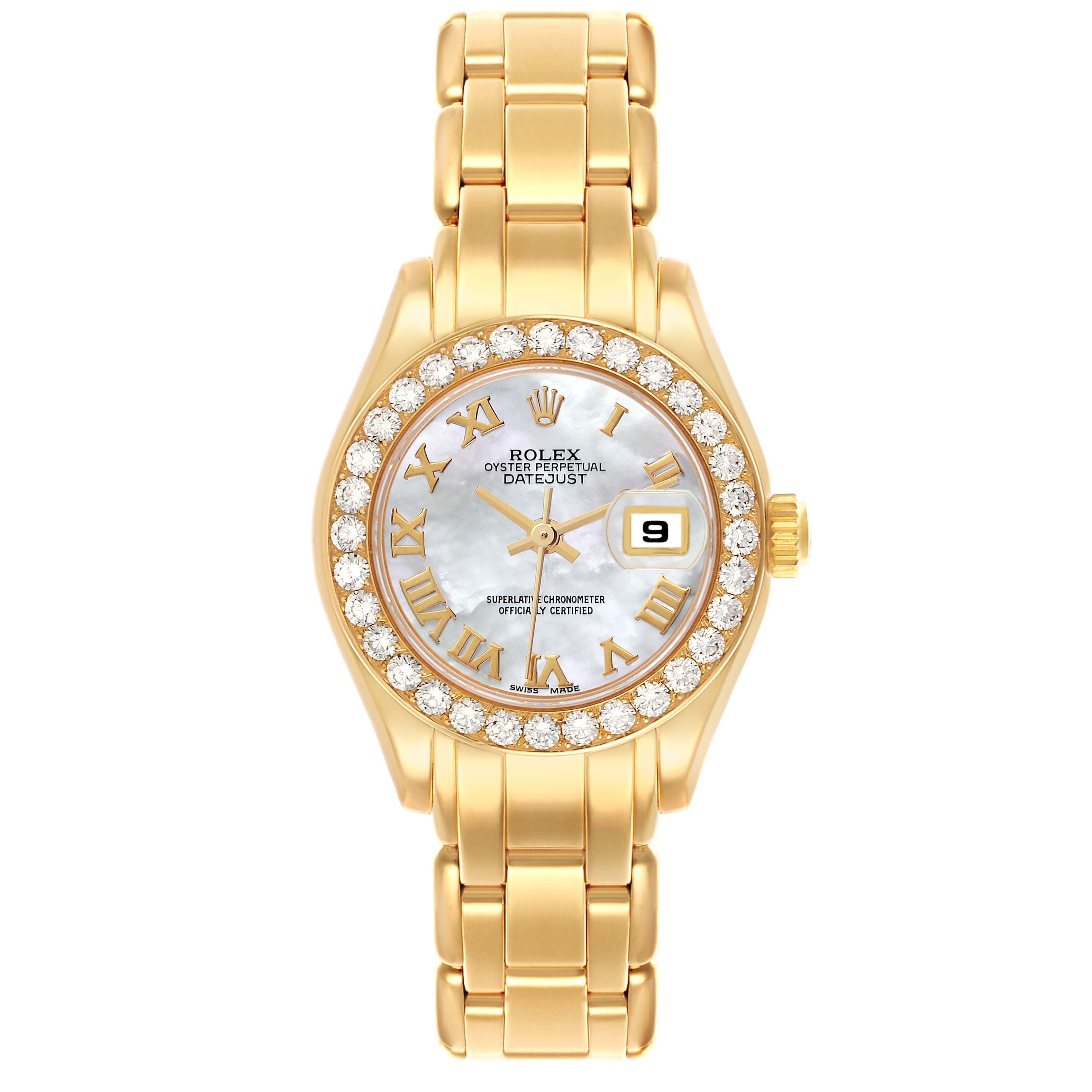 The Rolex Pearlmaster 69298 Women's Yellow Gold Mother of Pearl Dial 69298 Women's Yellow Gold Mother of Pearl Dial watch is shown from a front angle, featuring its gold case, diamond bezel, and bracelet.