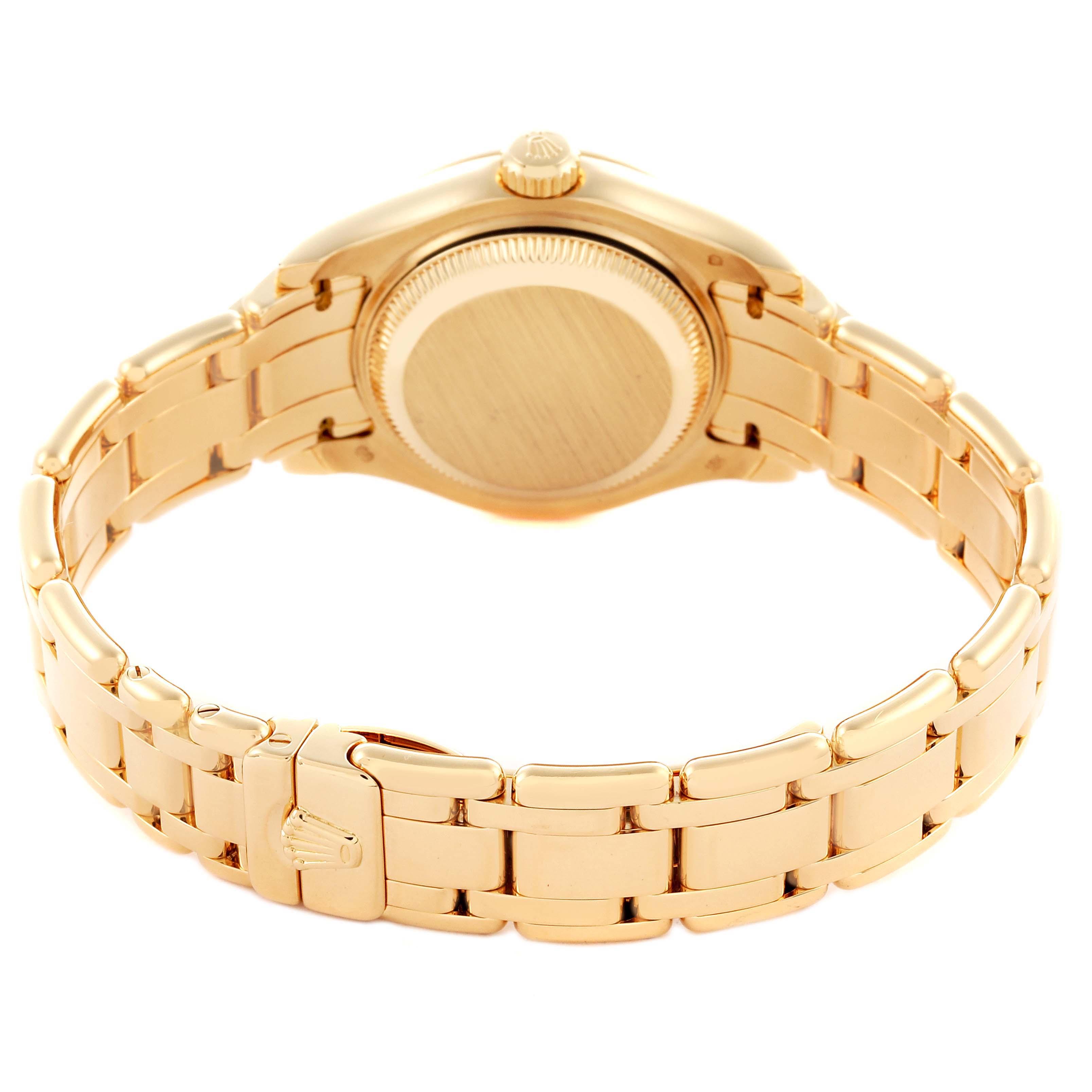 The Rolex Pearlmaster 69298 Women's Yellow Gold Mother of Pearl Dial 69298 Women's Yellow Gold Mother of Pearl Dial is shown from the back, highlighting the bracelet and caseback.
