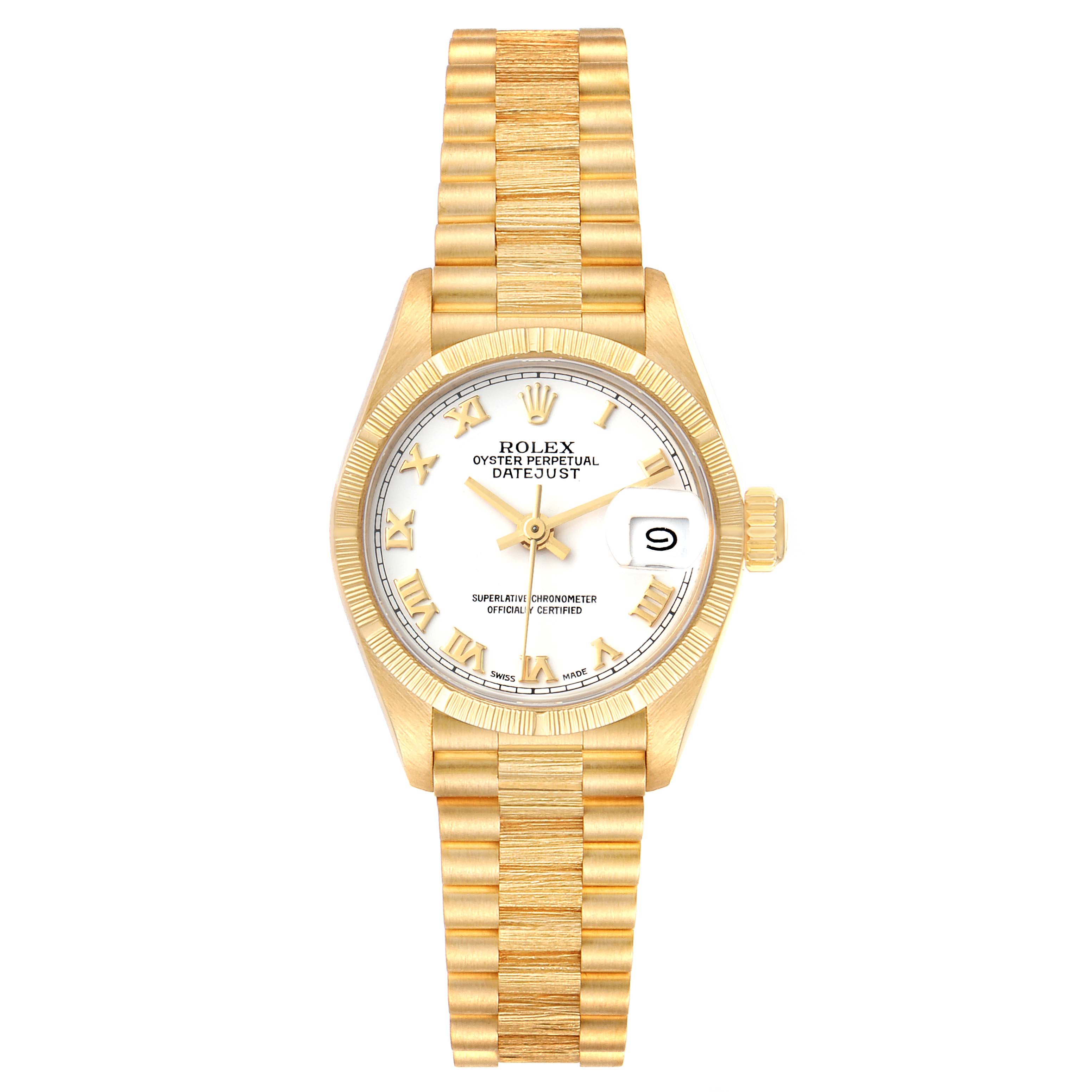 This image shows a front view of the Rolex President 69278 Women
s Yellow Gold White Dial 69278 Women
s Yellow Gold White Dial model watch, featuring its bracelet, dial, date display, and crown.