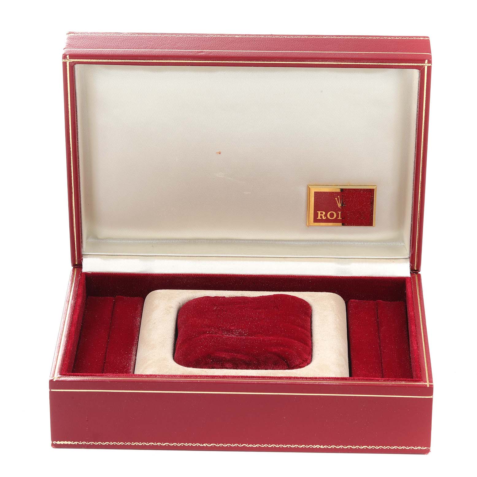 This image shows an empty watch box for the Rolex President 69278 Women
s Yellow Gold White Dial 69278 Women
s Yellow Gold White Dial model from a front angle.