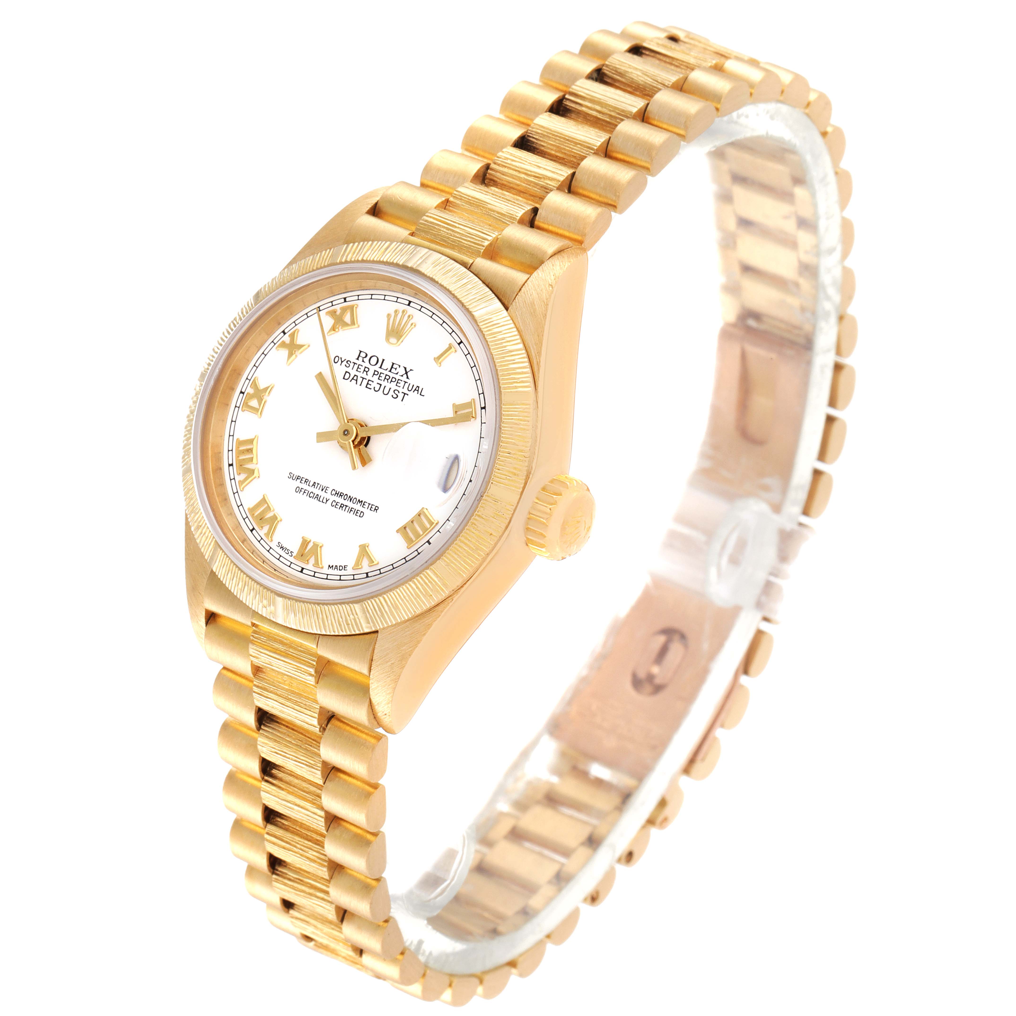 The Rolex President 69278 Women
s Yellow Gold White Dial 69278 Women
s Yellow Gold White Dial watch is shown from a side angle, highlighting the case, dial, crown, and bracelet.