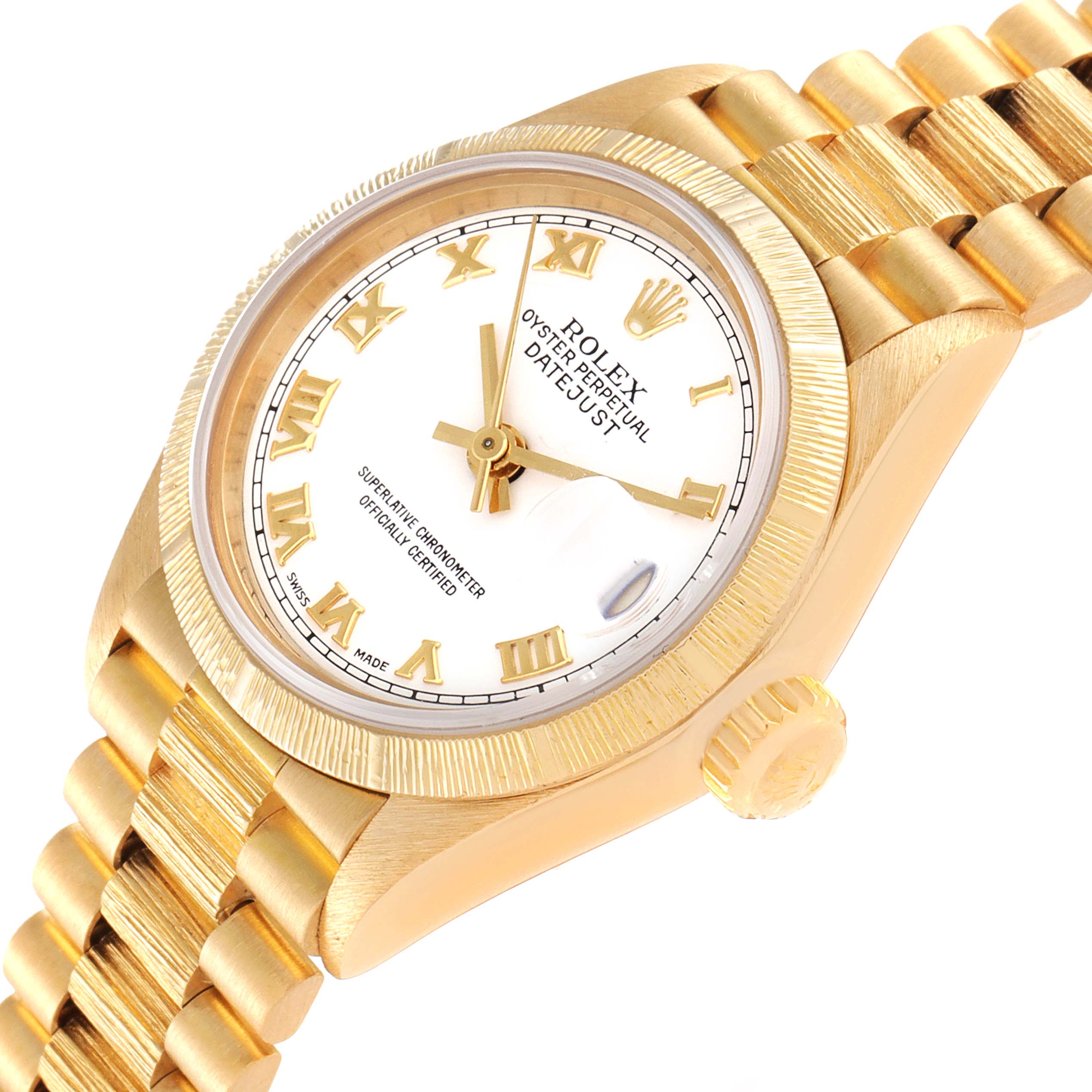 This image shows a close-up angled view of a Rolex President 69278 Women
s Yellow Gold White Dial 69278 Women
s Yellow Gold White Dial model watch, highlighting its face, bezel, and bracelet.