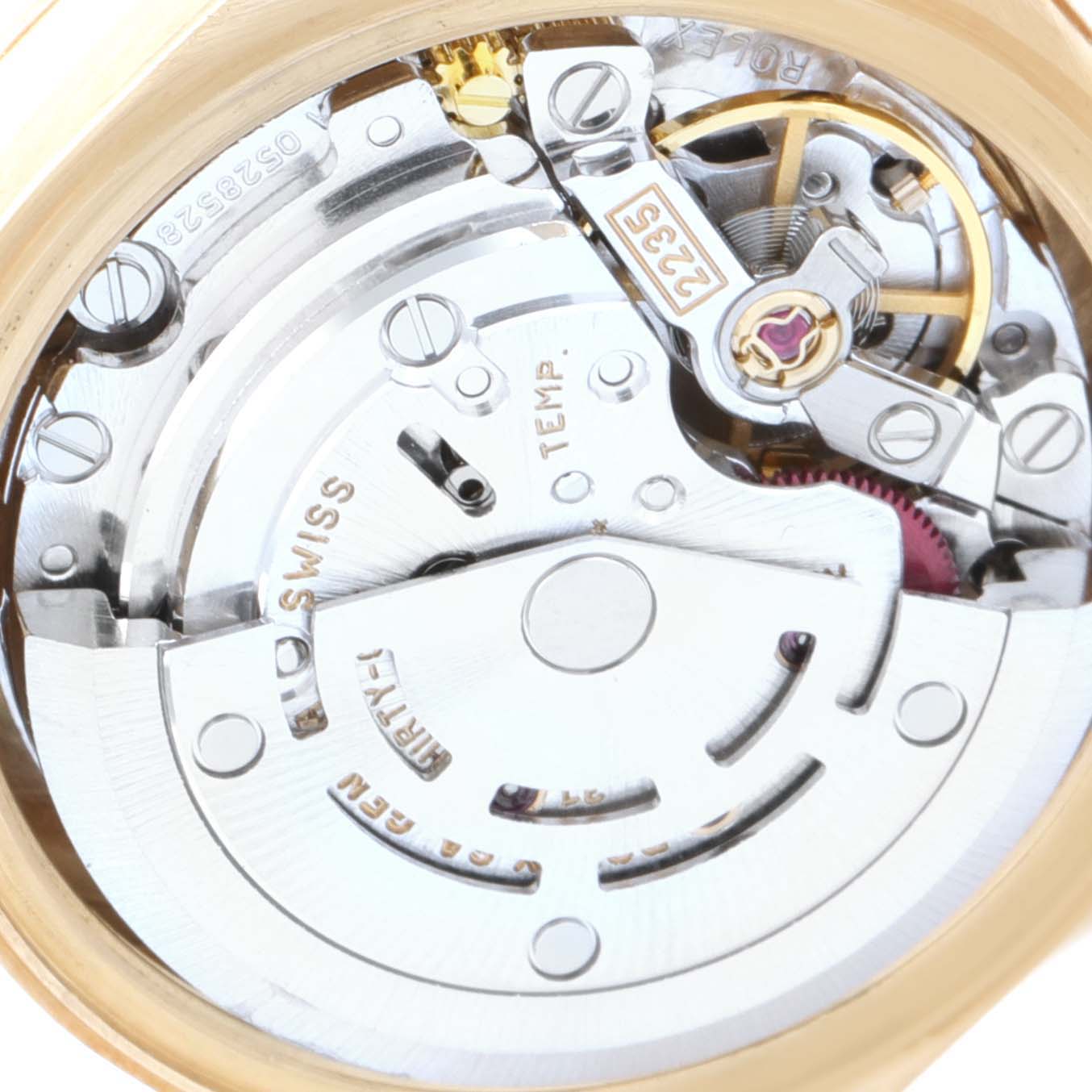 This image shows a close-up, top-down view of the Rolex President 79178 Women
s Yellow Gold Champagne Dial 79178 Women
s Yellow Gold Champagne Dial model
s movement and internal components.