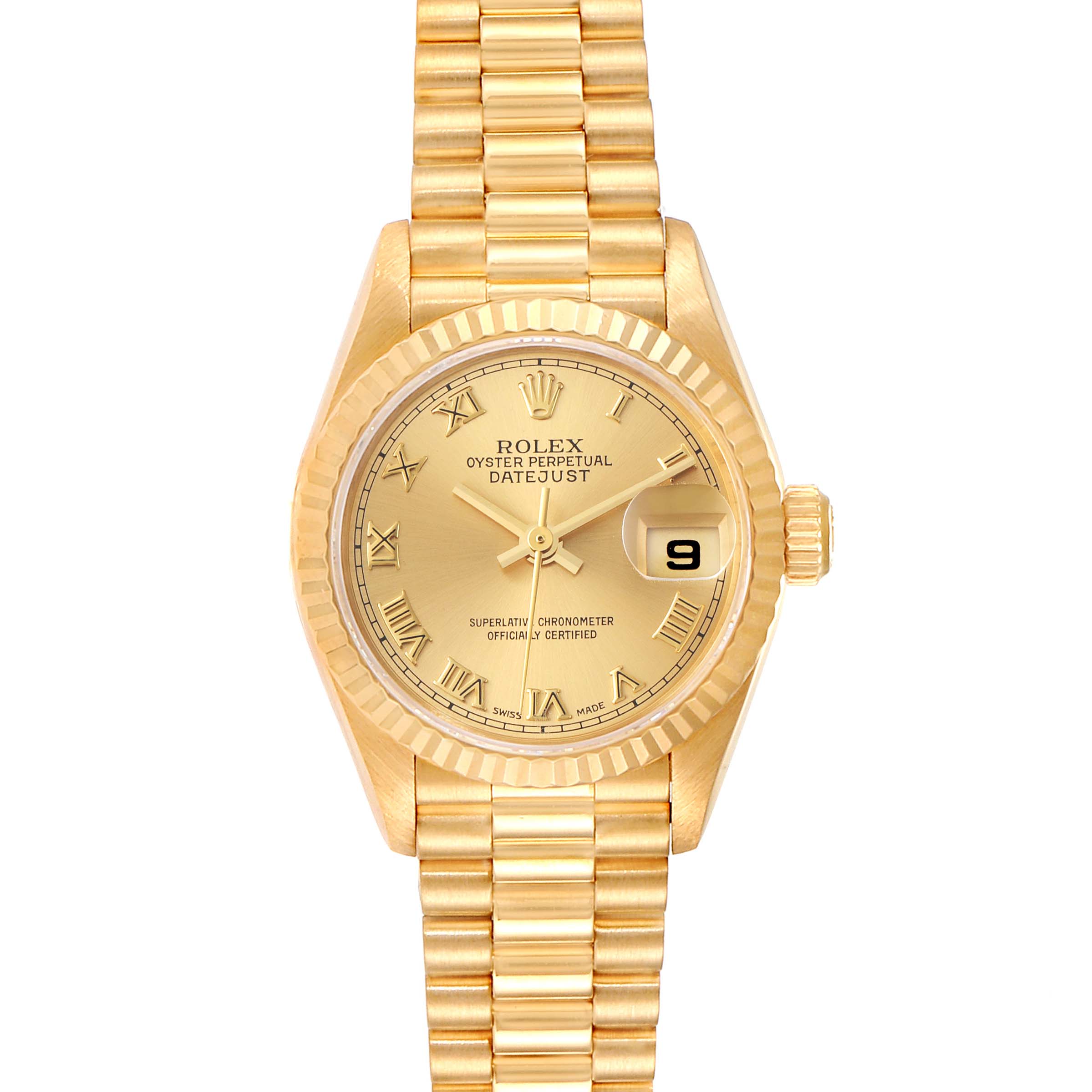 The image shows a Rolex President 79178 Women
s Yellow Gold Champagne Dial 79178 Women
s Yellow Gold Champagne Dial Datejust watch from a front view, focusing on its dial, case, and bracelet.