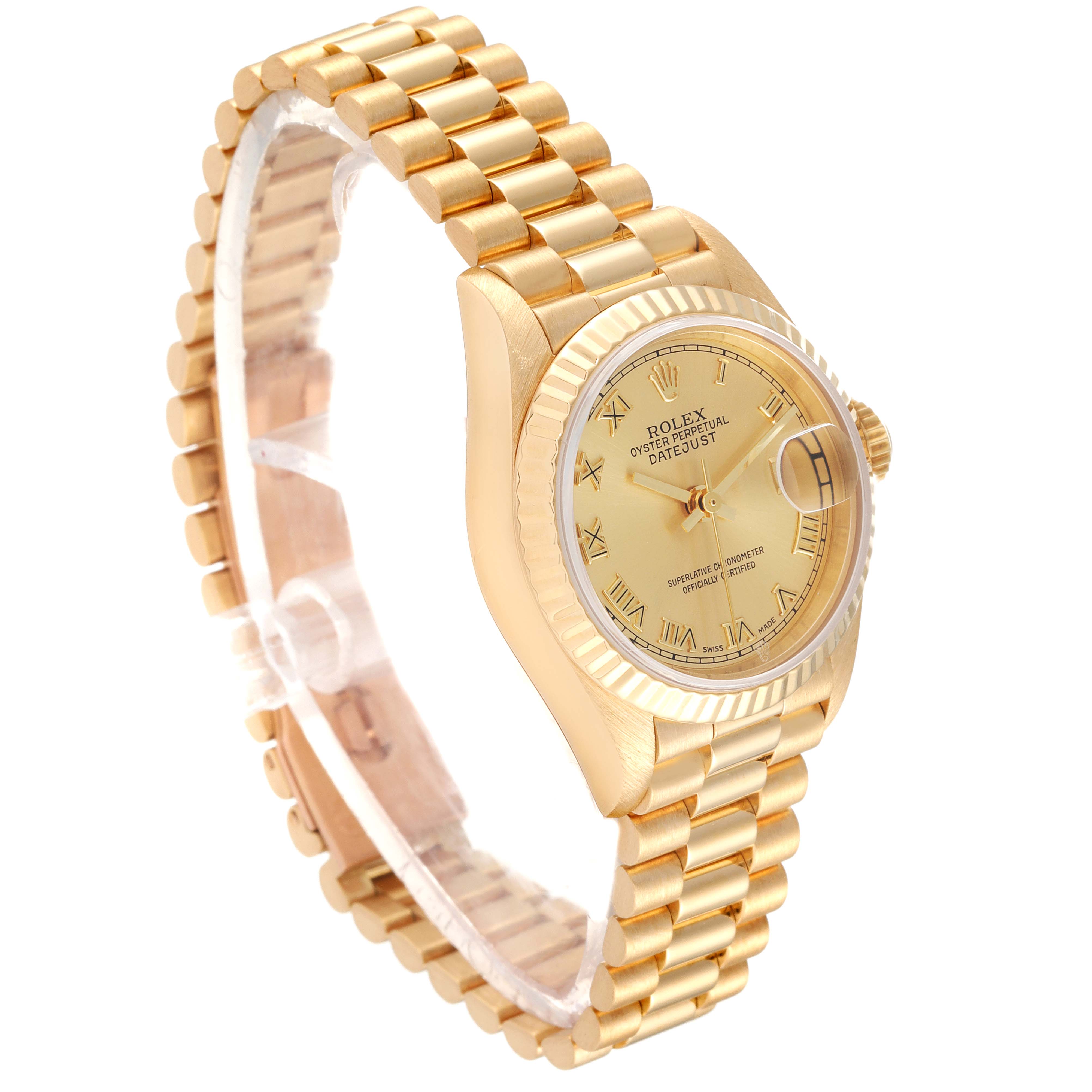 The image shows a Rolex President 79178 Women
s Yellow Gold Champagne Dial 79178 Women
s Yellow Gold Champagne Dial model watch at a three-quarter angle, displaying its gold bracelet, dial, and bezel.