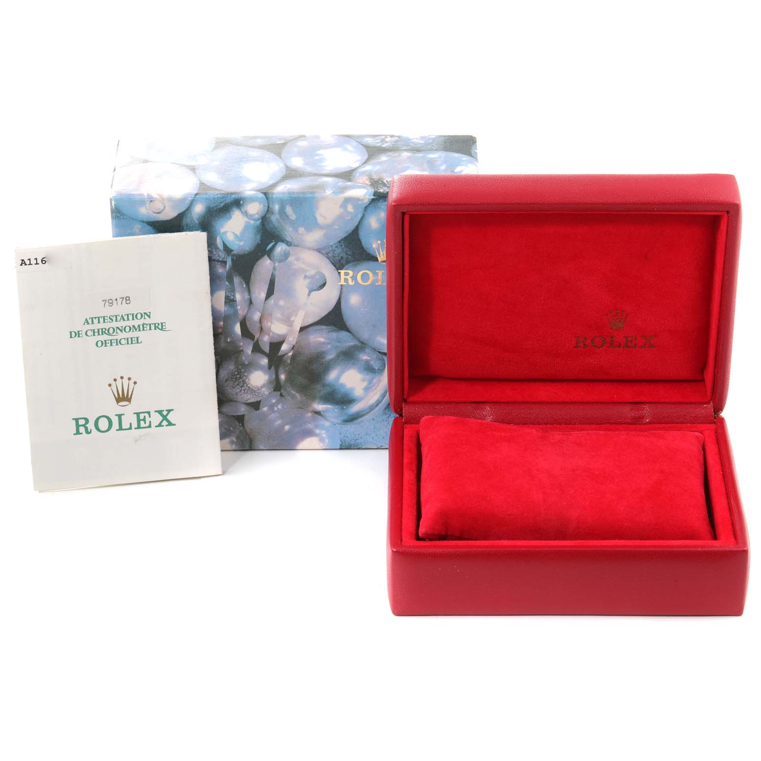 The image shows a Rolex President 79178 Women
s Yellow Gold Champagne Dial 79178 Women
s Yellow Gold Champagne Dial model watch box, its outer packaging, and a warranty booklet.