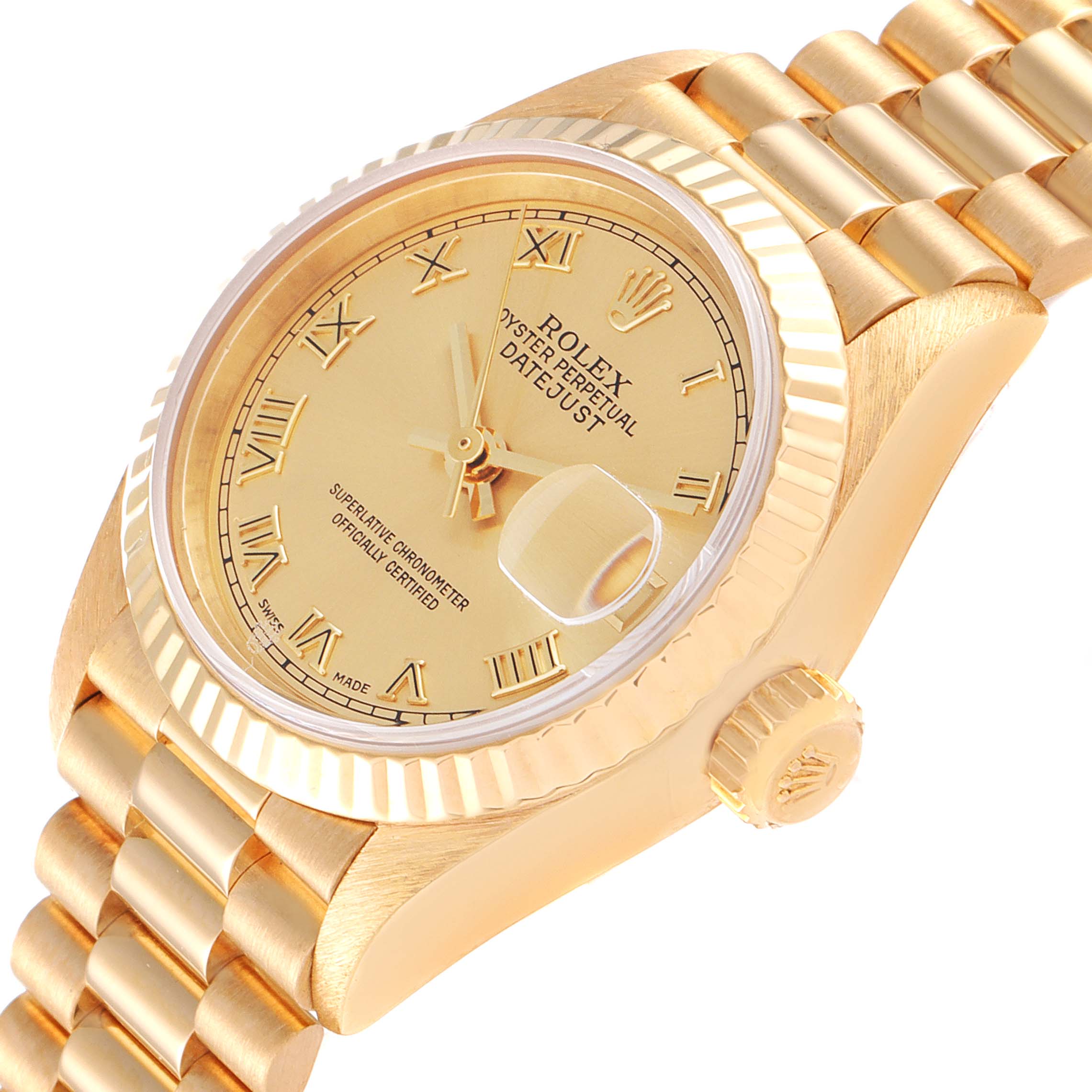 The Rolex President 79178 Women
s Yellow Gold Champagne Dial 79178 Women
s Yellow Gold Champagne Dial model watch is shown at an oblique angle, highlighting its dial, bezel, crown, and bracelet.