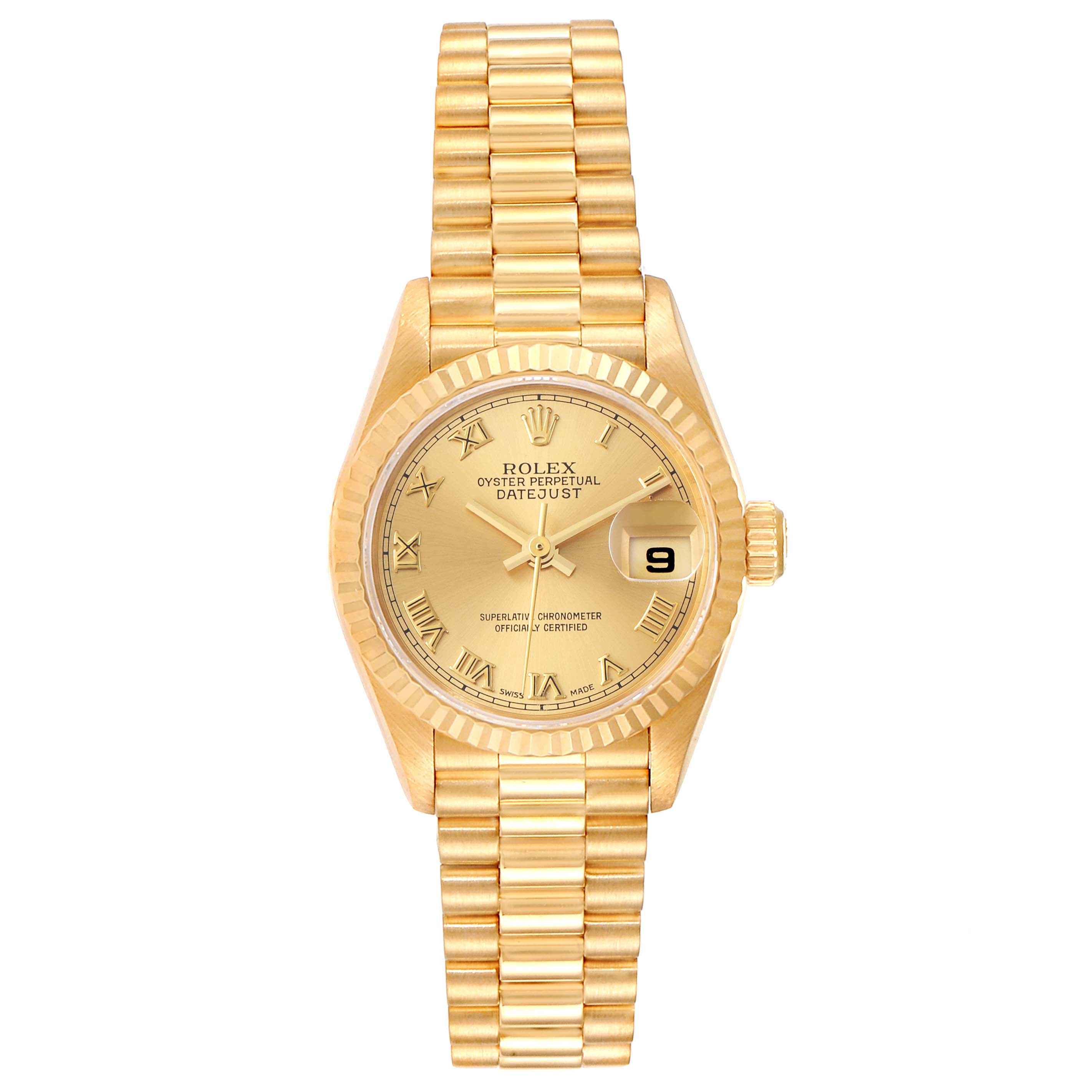 This image shows the front view of a Rolex President 79178 Women
s Yellow Gold Champagne Dial 79178 Women
s Yellow Gold Champagne Dial model watch, displaying the dial, bracelet, and date window.