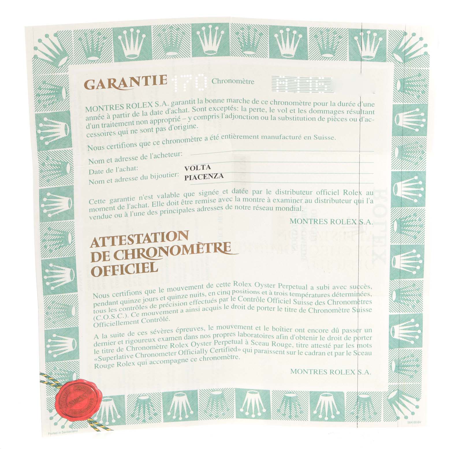 The image shows a Rolex warranty certificate for the Rolex President 79178 Women
s Yellow Gold Champagne Dial 79178 Women
s Yellow Gold Champagne Dial model, featuring text and a green border with the Rolex logo.