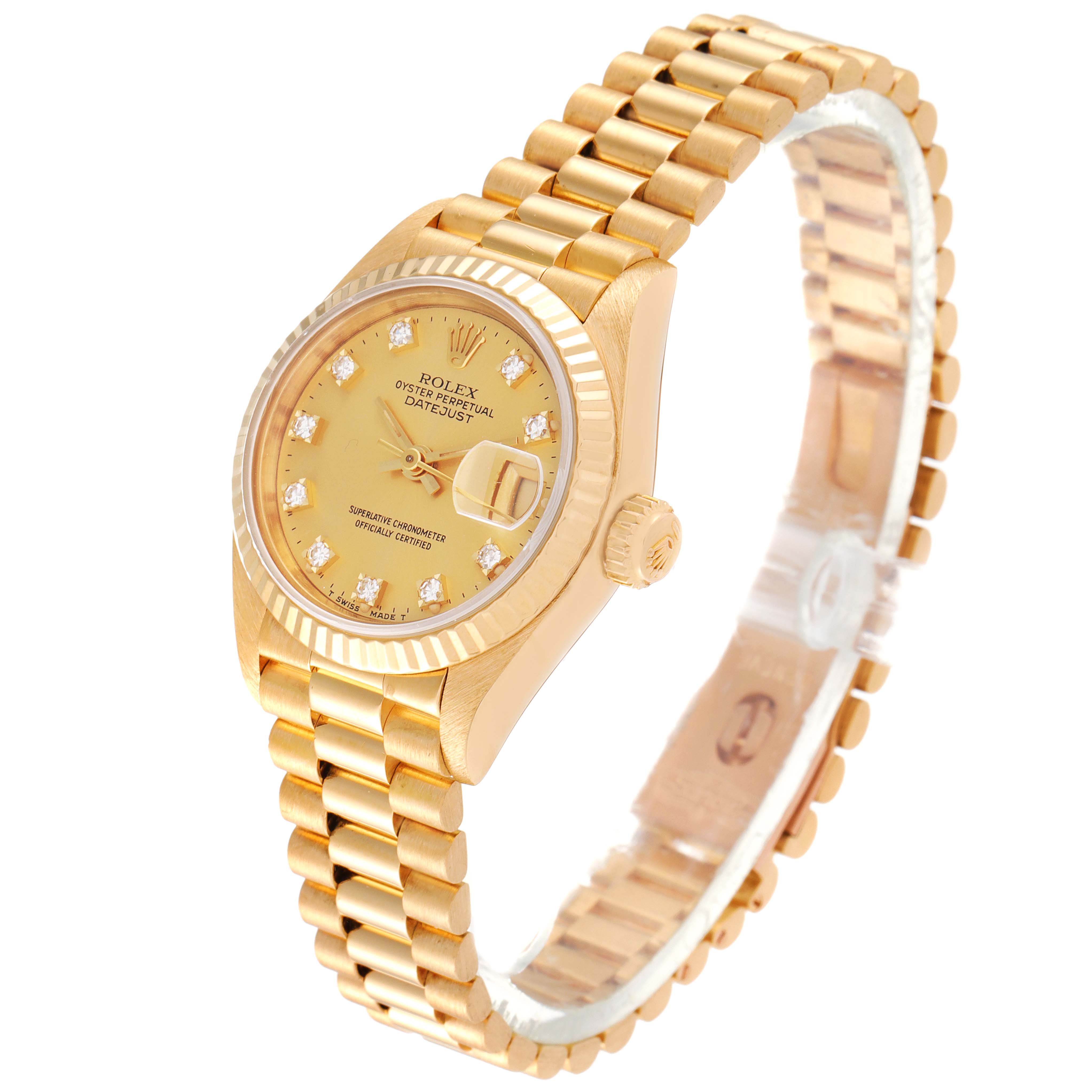 The Rolex President 69178 Women
s Yellow Gold Champagne Dial 69178 Women
s Yellow Gold Champagne Dial model watch is shown at an angle emphasizing its gold bracelet, case, dial, and date window.