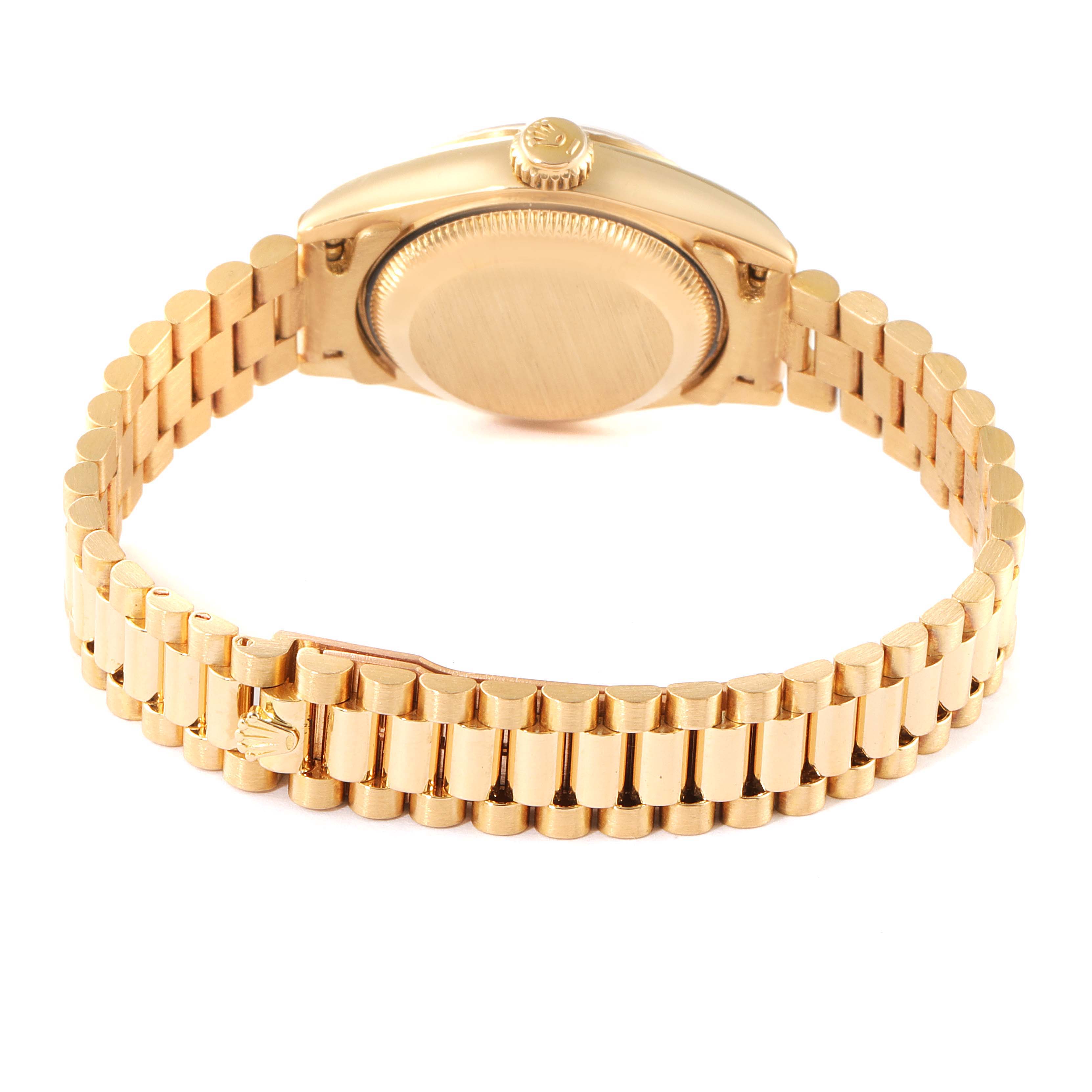 This image shows the back and bracelet of a Rolex President 69178 Women
s Yellow Gold Champagne Dial 69178 Women
s Yellow Gold Champagne Dial model watch from a rear angle.