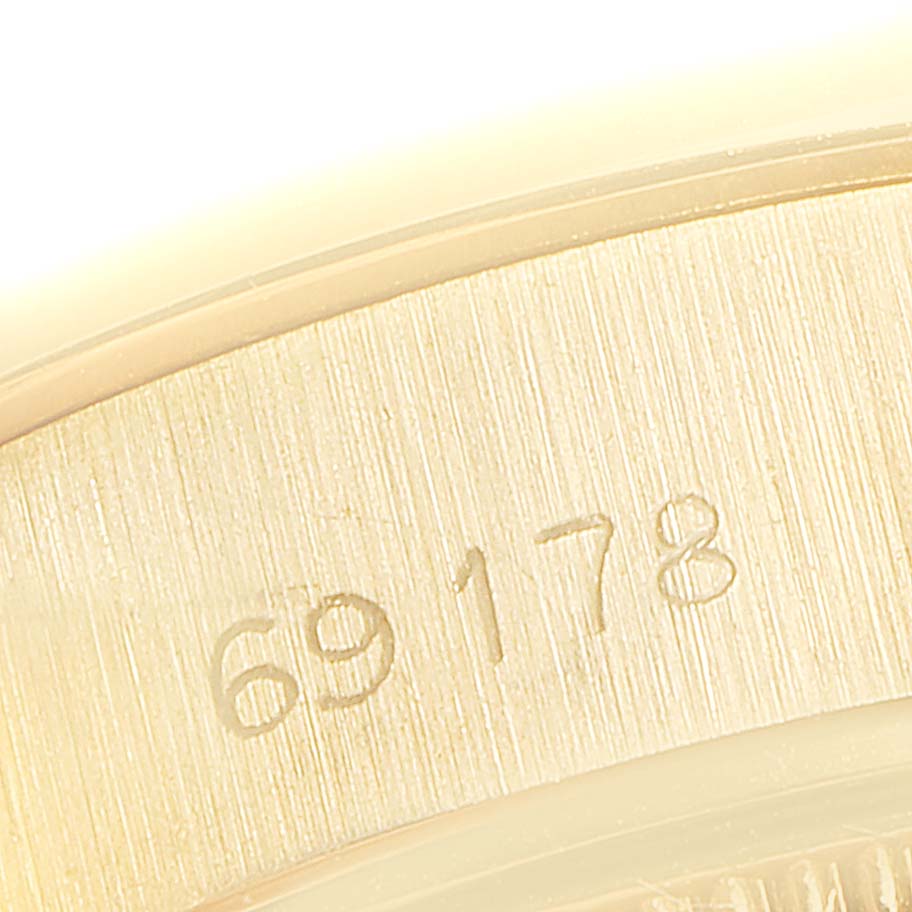 Close-up view of the engraved model number on the side of a Rolex President 69178 Women
s Yellow Gold Champagne Dial 69178 Women
s Yellow Gold Champagne Dial watch.
