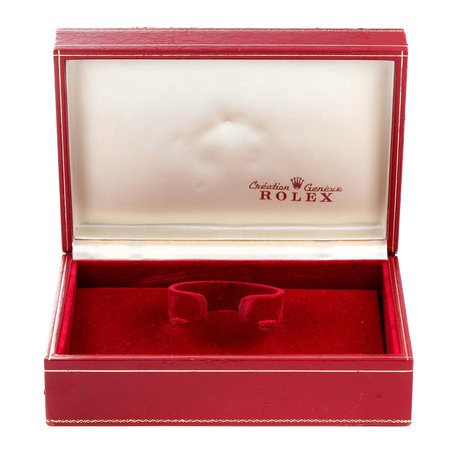 The image shows an open red Rolex box for the President model, displaying the interior.