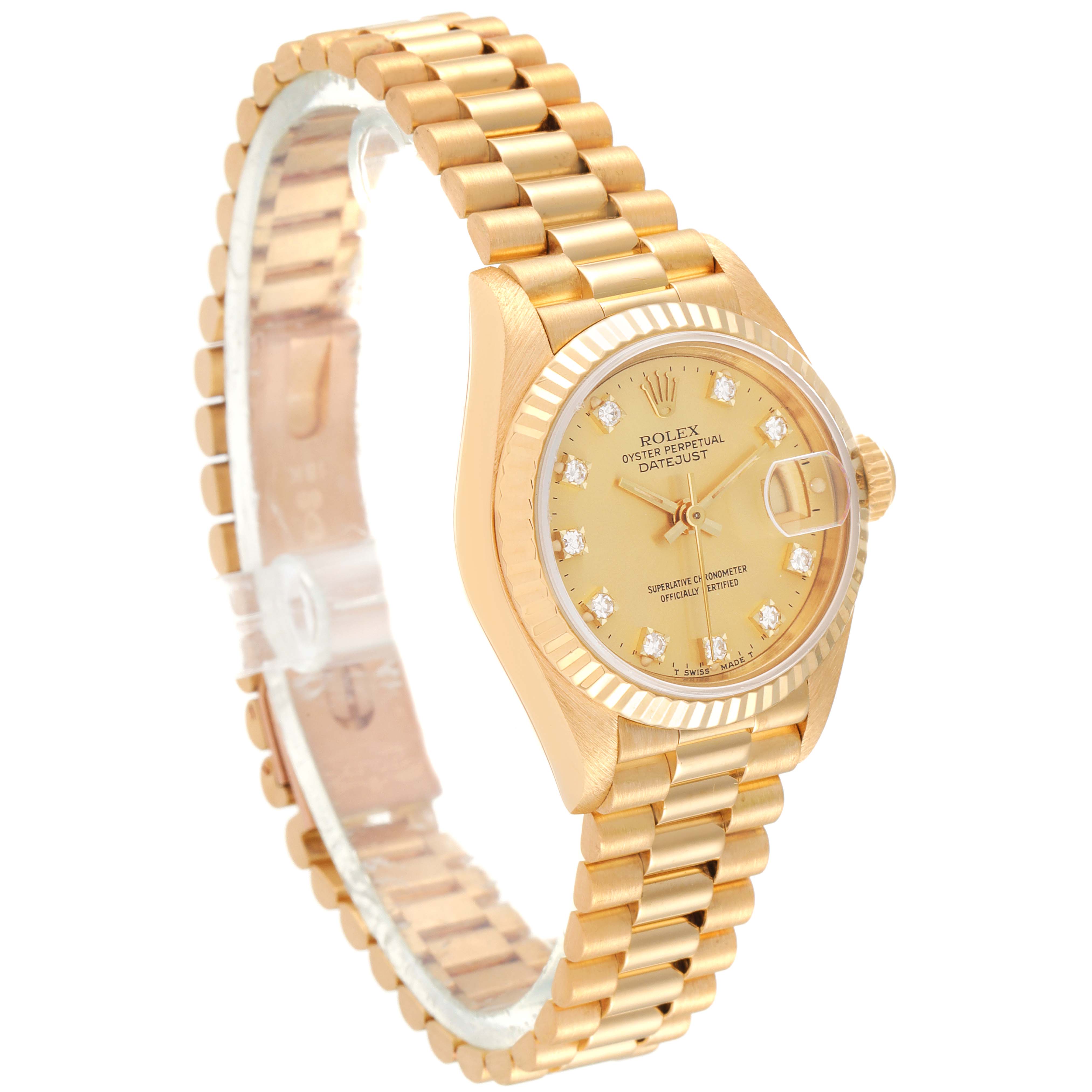 The image shows a Rolex President 69178 Women
s Yellow Gold Champagne Dial 69178 Women
s Yellow Gold Champagne Dial model watch at an angle displaying the face, bracelet, and side profile.