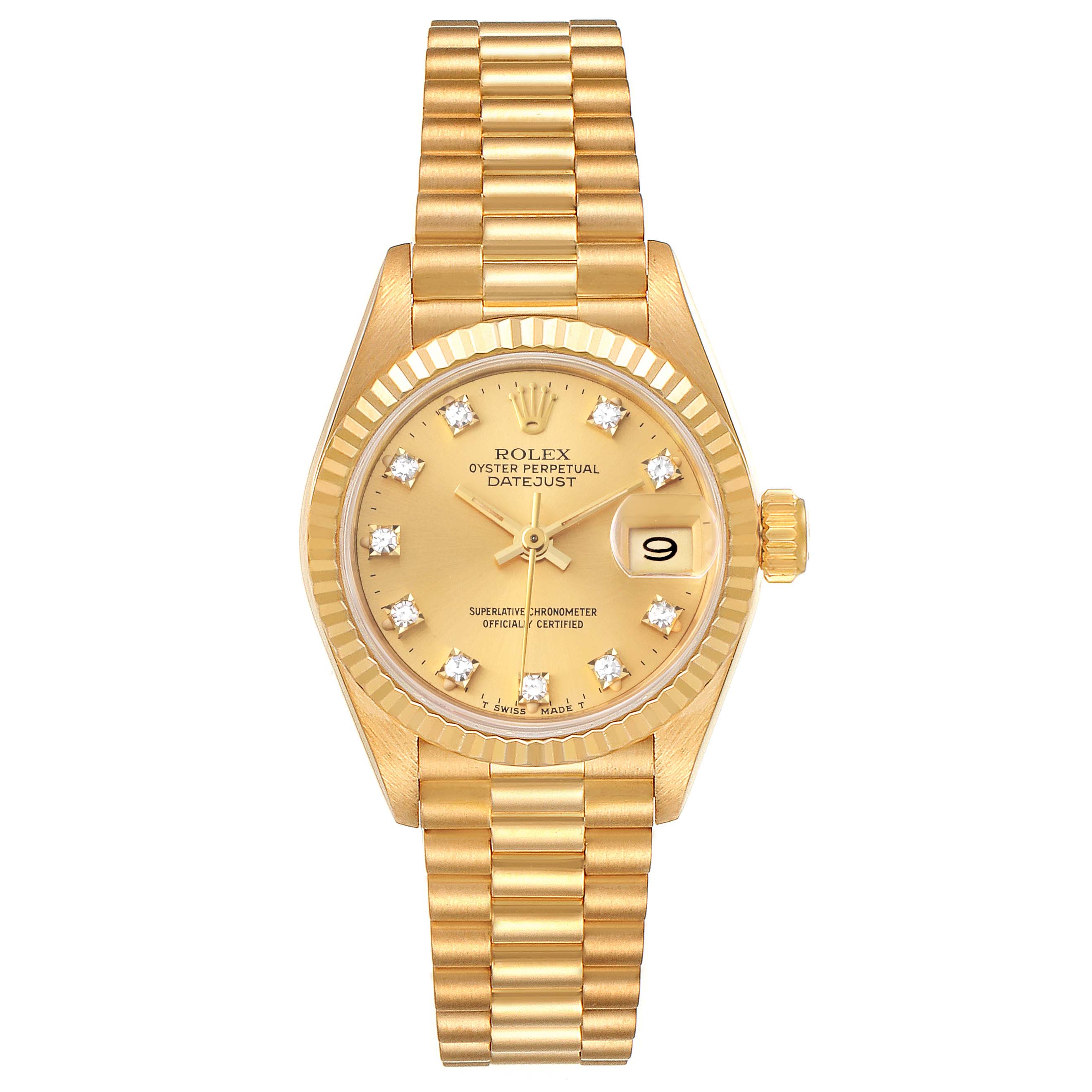 The image shows a full frontal view of the Rolex President 69178 Women
s Yellow Gold Champagne Dial 69178 Women
s Yellow Gold Champagne Dial model watch, displaying the face, bezel, crown, and bracelet.