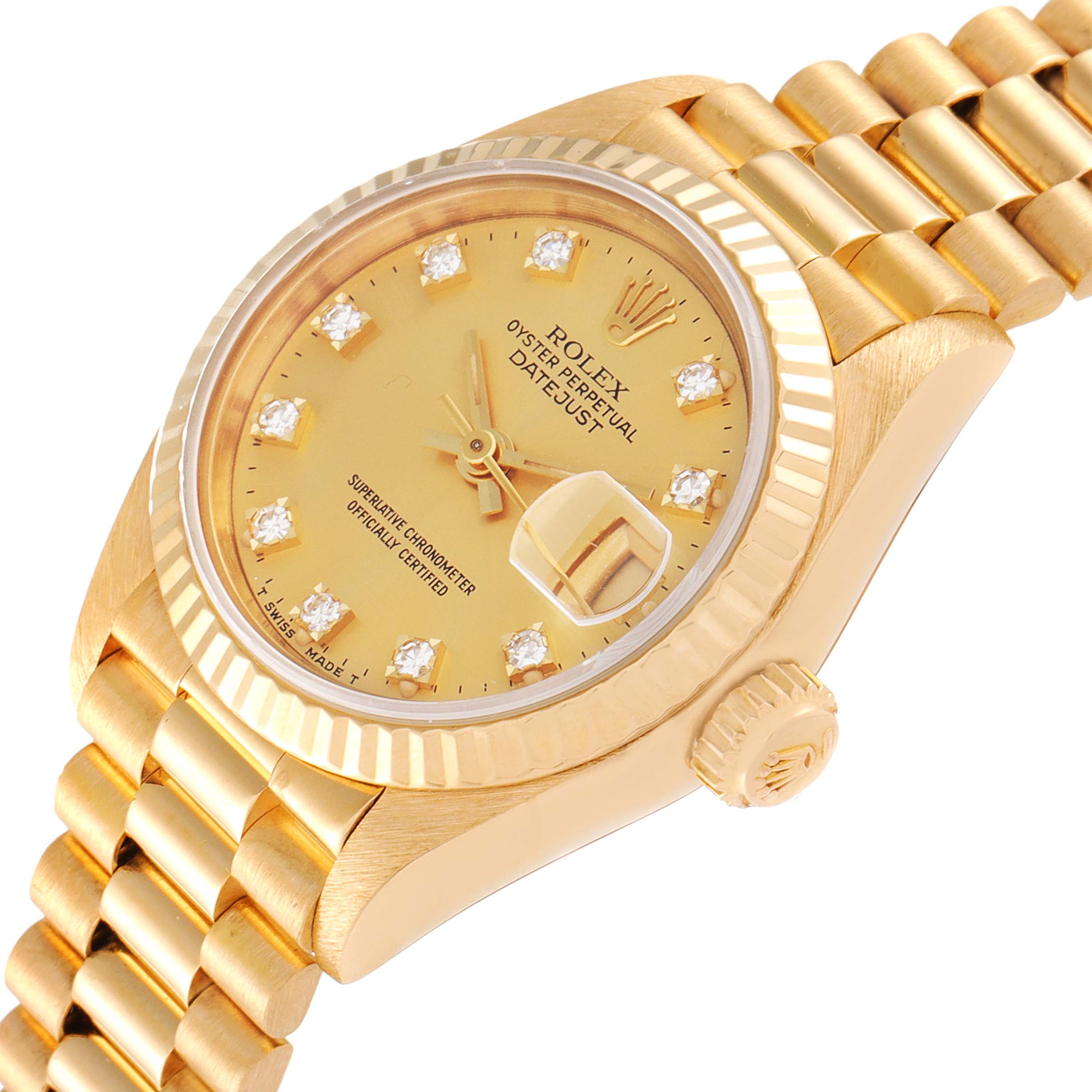 The image shows a close-up, angled view of the dial, bezel, and part of the bracelet of a Rolex President 69178 Women
s Yellow Gold Champagne Dial 69178 Women
s Yellow Gold Champagne Dial model watch.