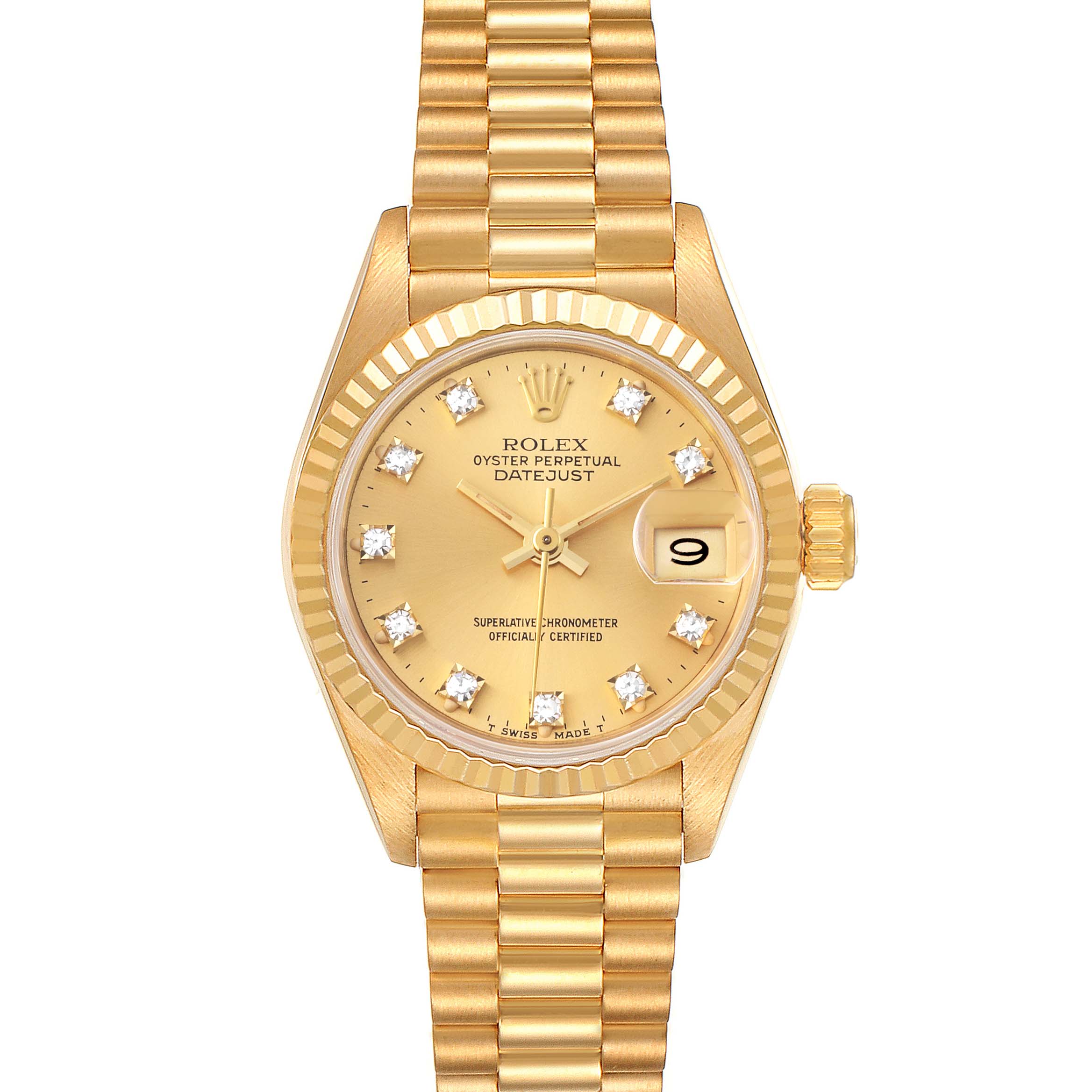 This image shows a frontal view of a Rolex President 69178 Women
s Yellow Gold Champagne Dial 69178 Women
s Yellow Gold Champagne Dial model watch, featuring its dial, bezel, and bracelet.