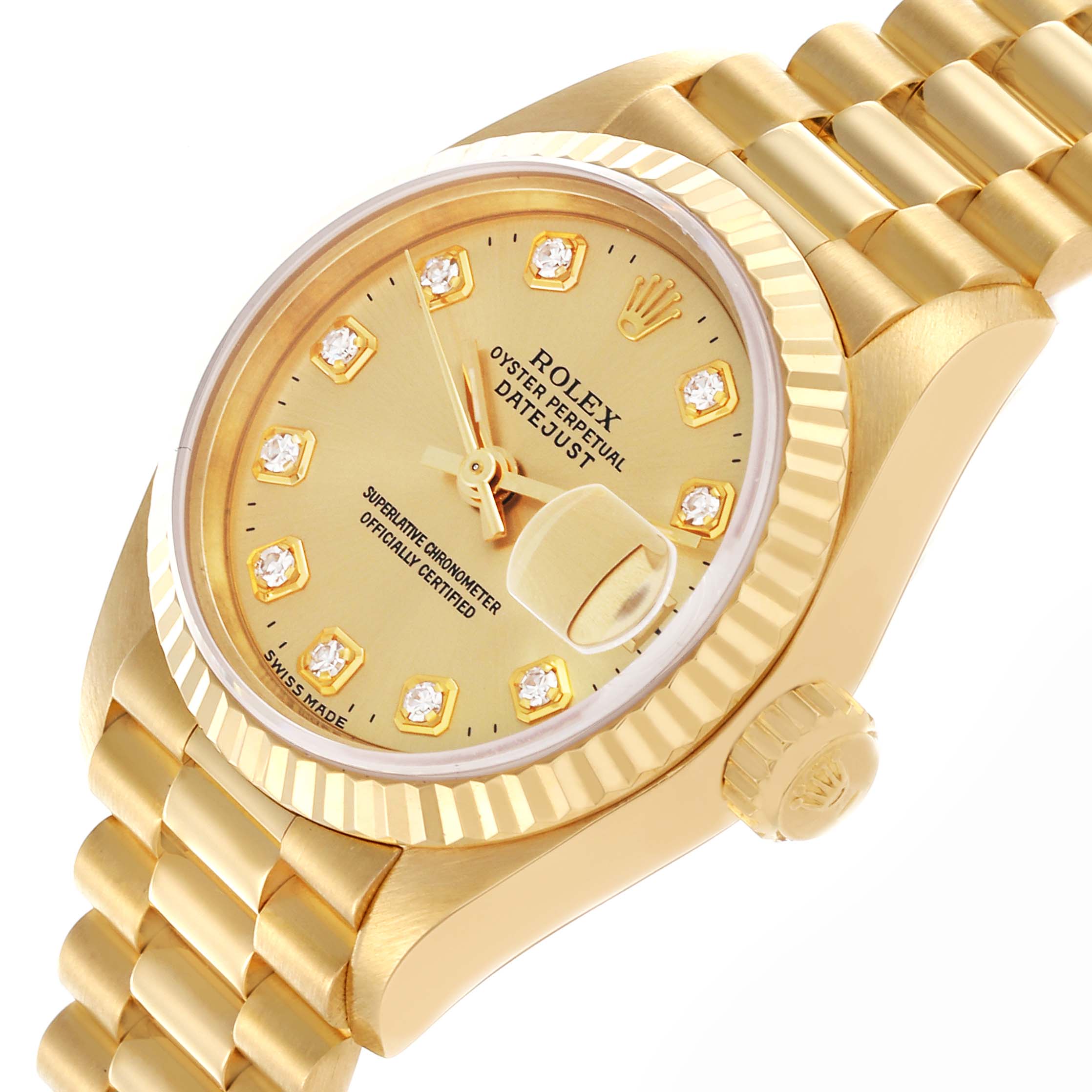 The Rolex President 69178 Women's Yellow Gold Champagne Dial 69178 Women's Yellow Gold Champagne Dial model is shown at an angled view, highlighting the dial, crown, and part of the bracelet.