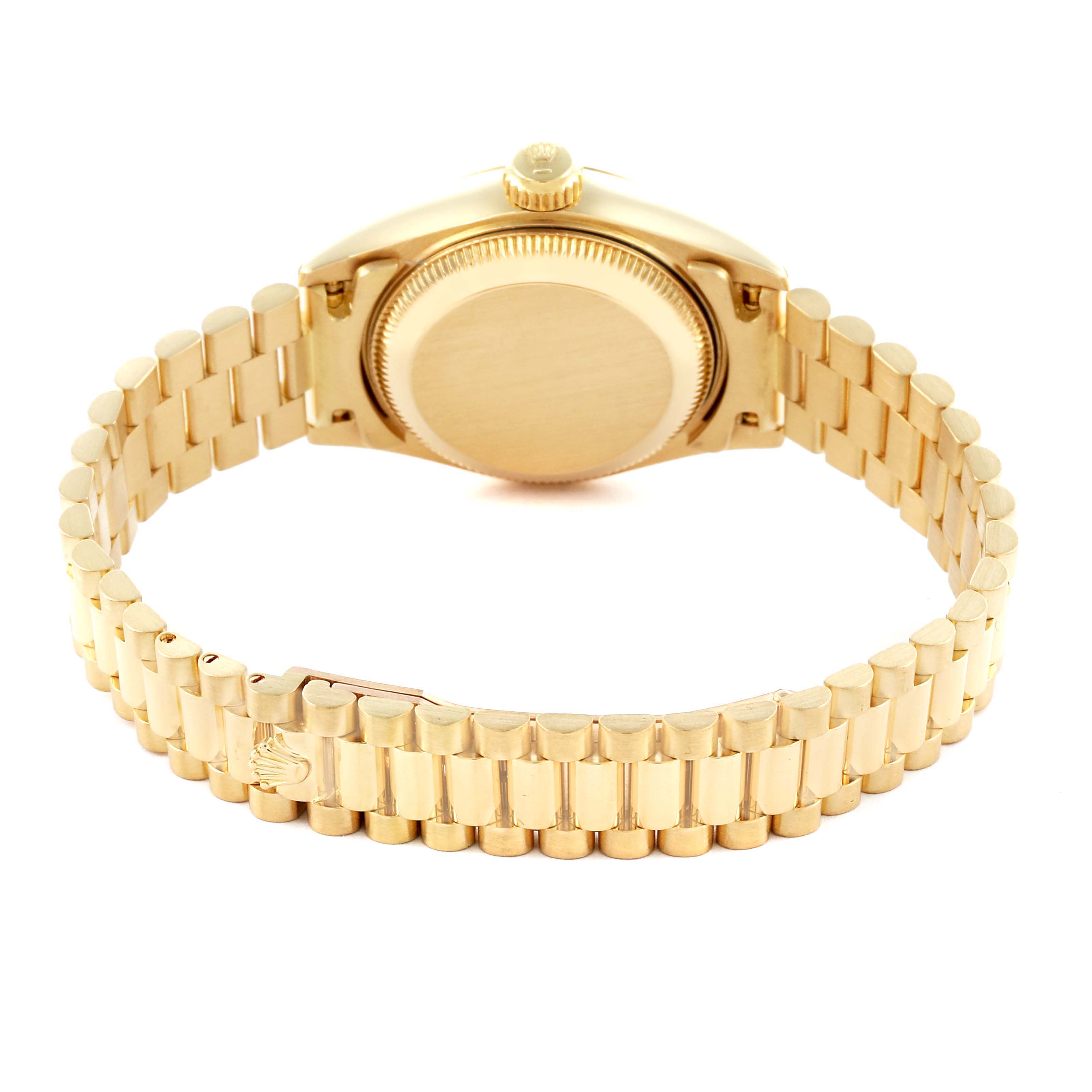 The image shows the back case and bracelet of a Rolex President 69178 Women's Yellow Gold Champagne Dial 69178 Women's Yellow Gold Champagne Dial model from a rear angle.