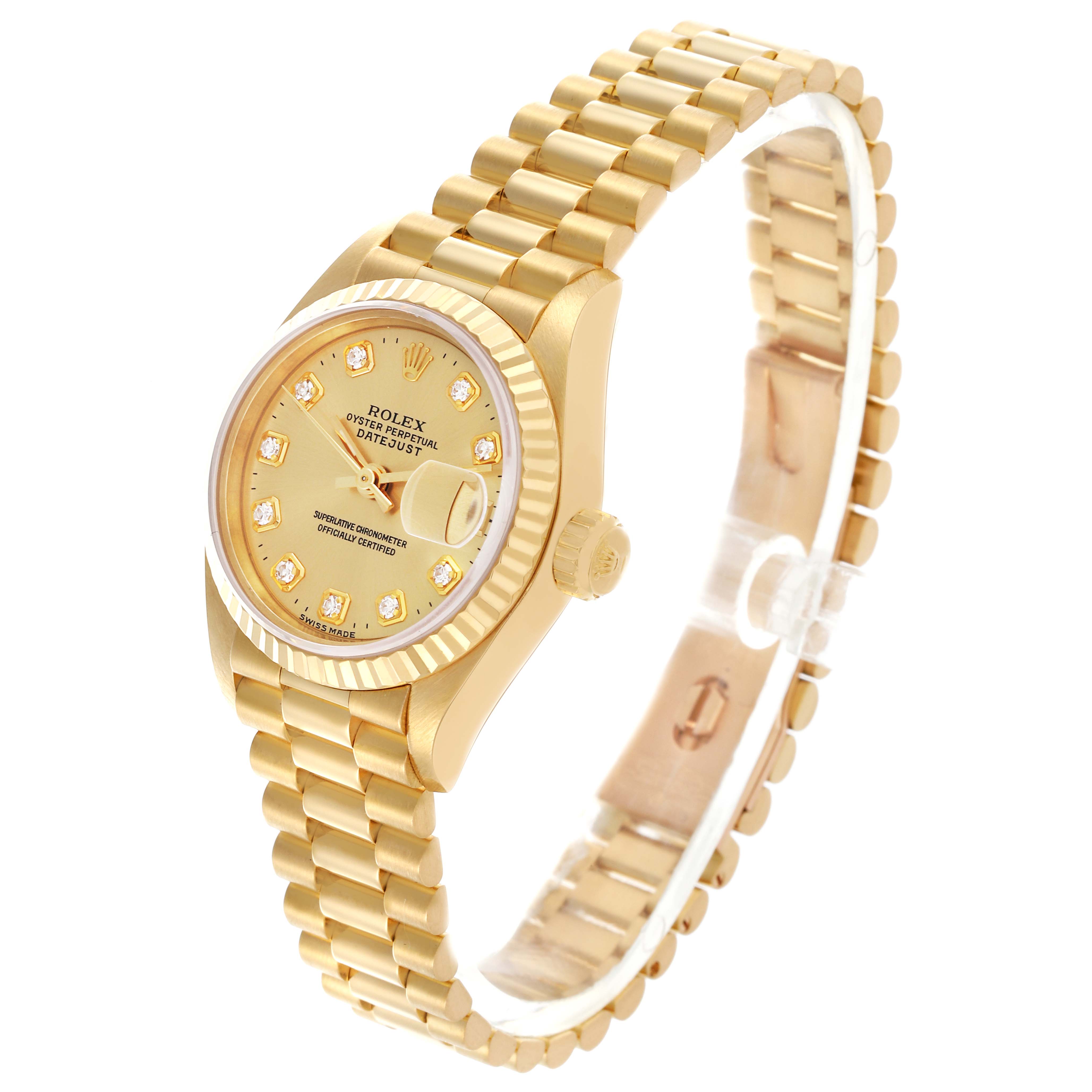The Rolex President 69178 Women's Yellow Gold Champagne Dial 69178 Women's Yellow Gold Champagne Dial watch is shown at a slightly tilted angle, showcasing the face, bracelet, and fluted bezel.