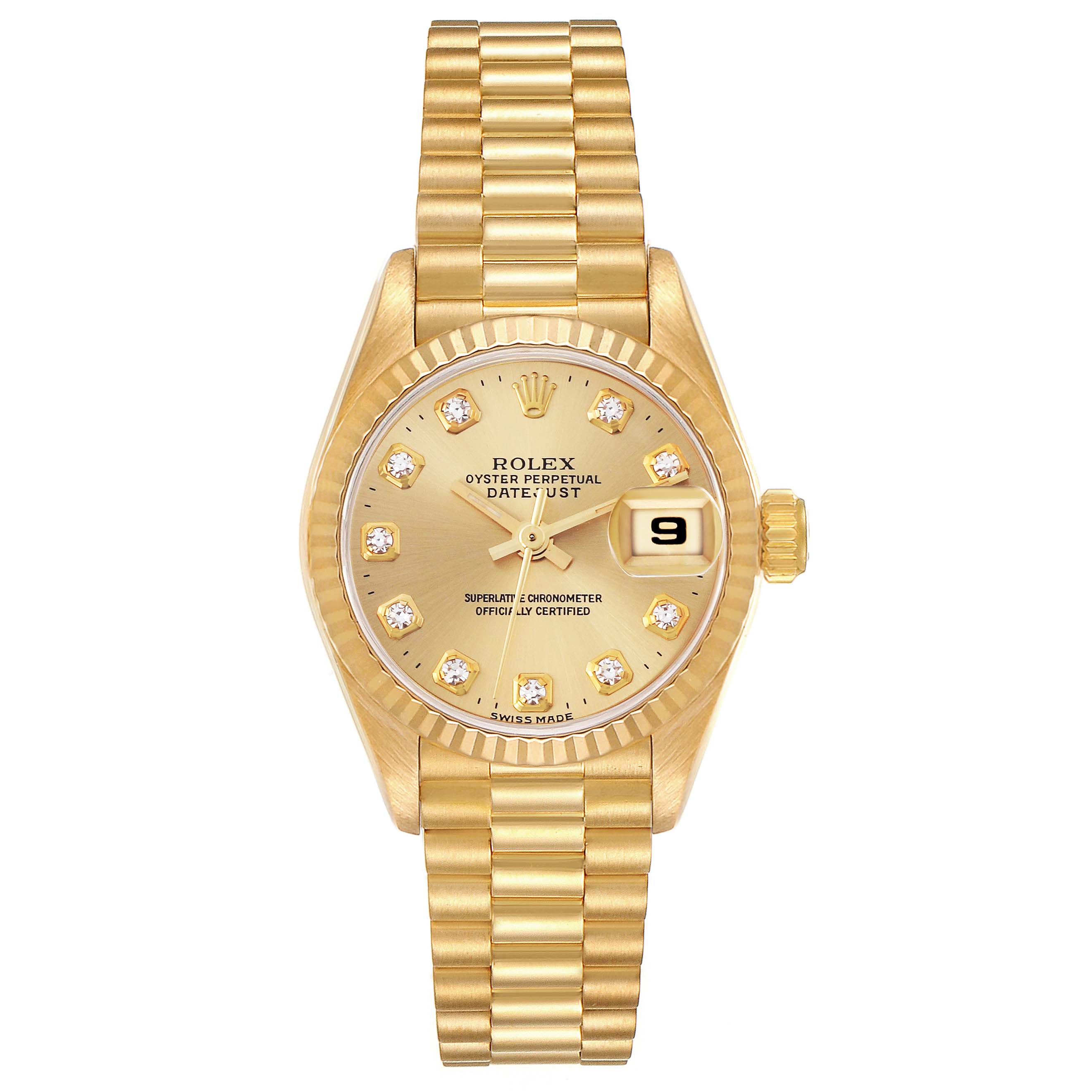 The Rolex President 69178 Women's Yellow Gold Champagne Dial 69178 Women's Yellow Gold Champagne Dial model is shown from a top-down angle, displaying the watch face, bezel, and full bracelet.