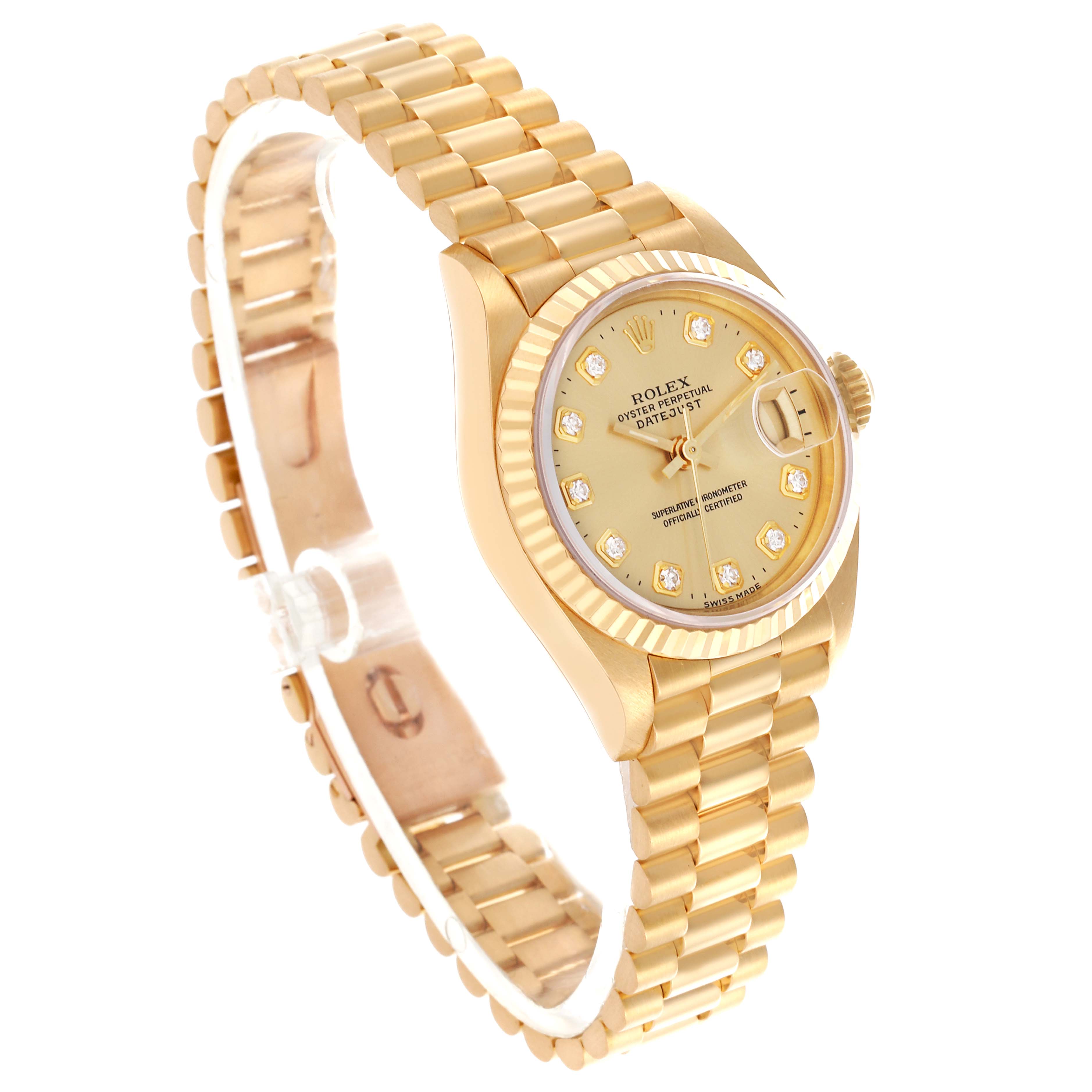 The Rolex President 69178 Women's Yellow Gold Champagne Dial 69178 Women's Yellow Gold Champagne Dial model watch is shown at an angled view, highlighting its gold bracelet and diamond hour markers.