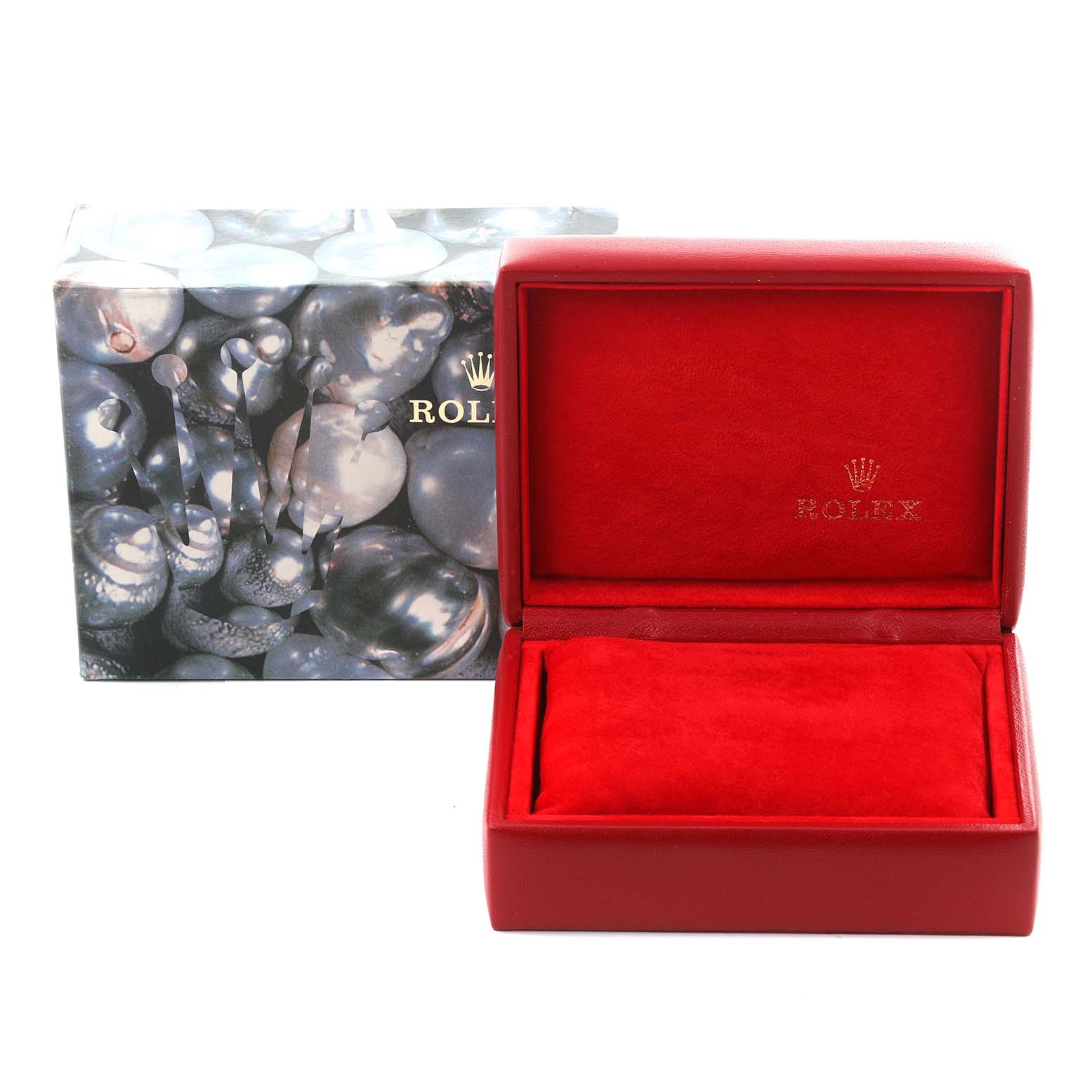 The image shows a red Rolex box for the President model with an outer decorative box.