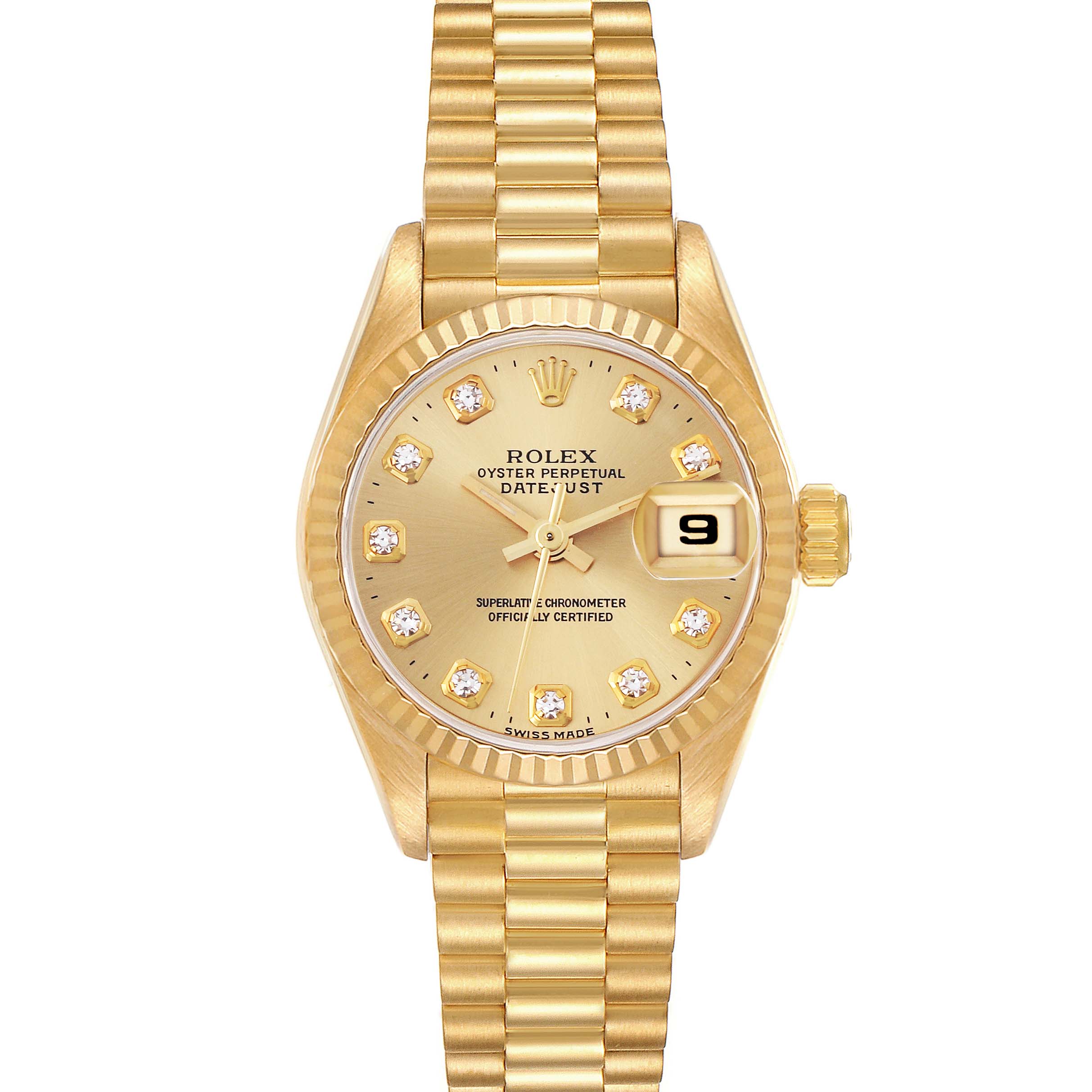 The Rolex President 69178 Women's Yellow Gold Champagne Dial 69178 Women's Yellow Gold Champagne Dial model is shown from a front angle, displaying the face, bezel, crown, and bracelet.