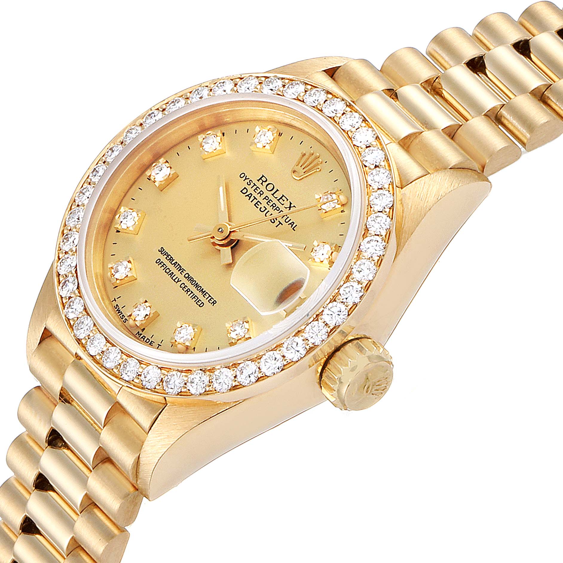 This image shows the Rolex President 69138 Women
s Yellow Gold Champagne Dial 69138 Women
s Yellow Gold Champagne Dial model watch from an oblique angle, highlighting the dial, bezel, crown, and part of the bracelet.