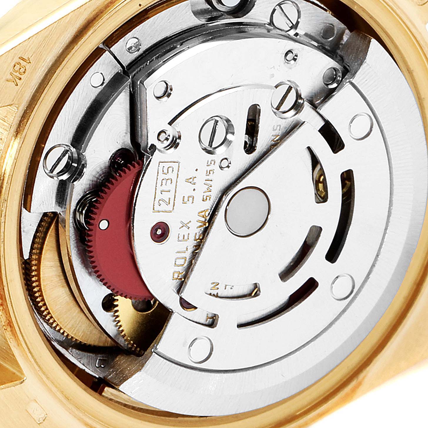 This image shows the movement and inner mechanical parts of the Rolex President 69138 Women
s Yellow Gold Champagne Dial 69138 Women
s Yellow Gold Champagne Dial model watch from a close-up angle.