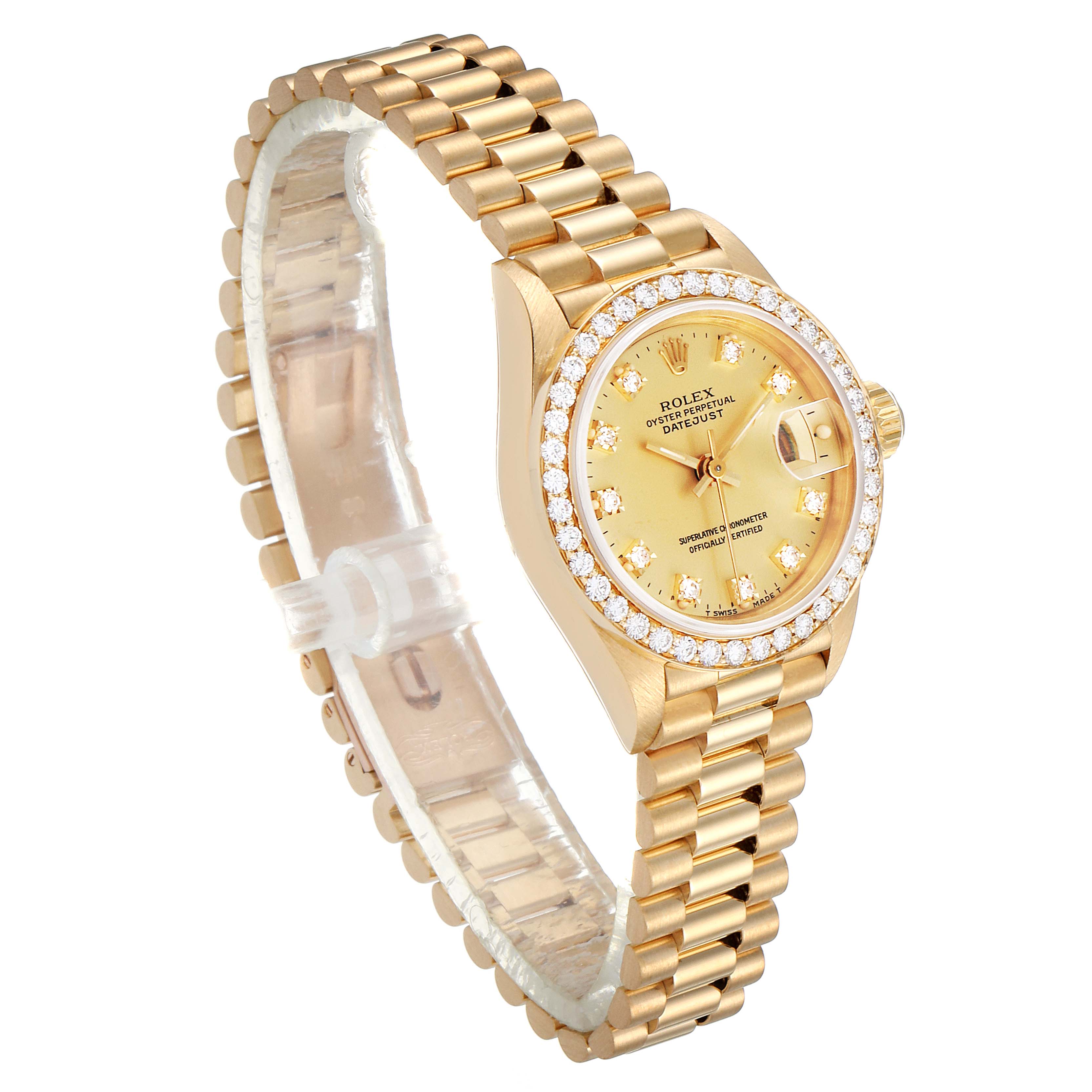 The image shows a gold Rolex President 69138 Women
s Yellow Gold Champagne Dial 69138 Women
s Yellow Gold Champagne Dial model watch from a front angle, featuring its bracelet, bezel, and dial.
