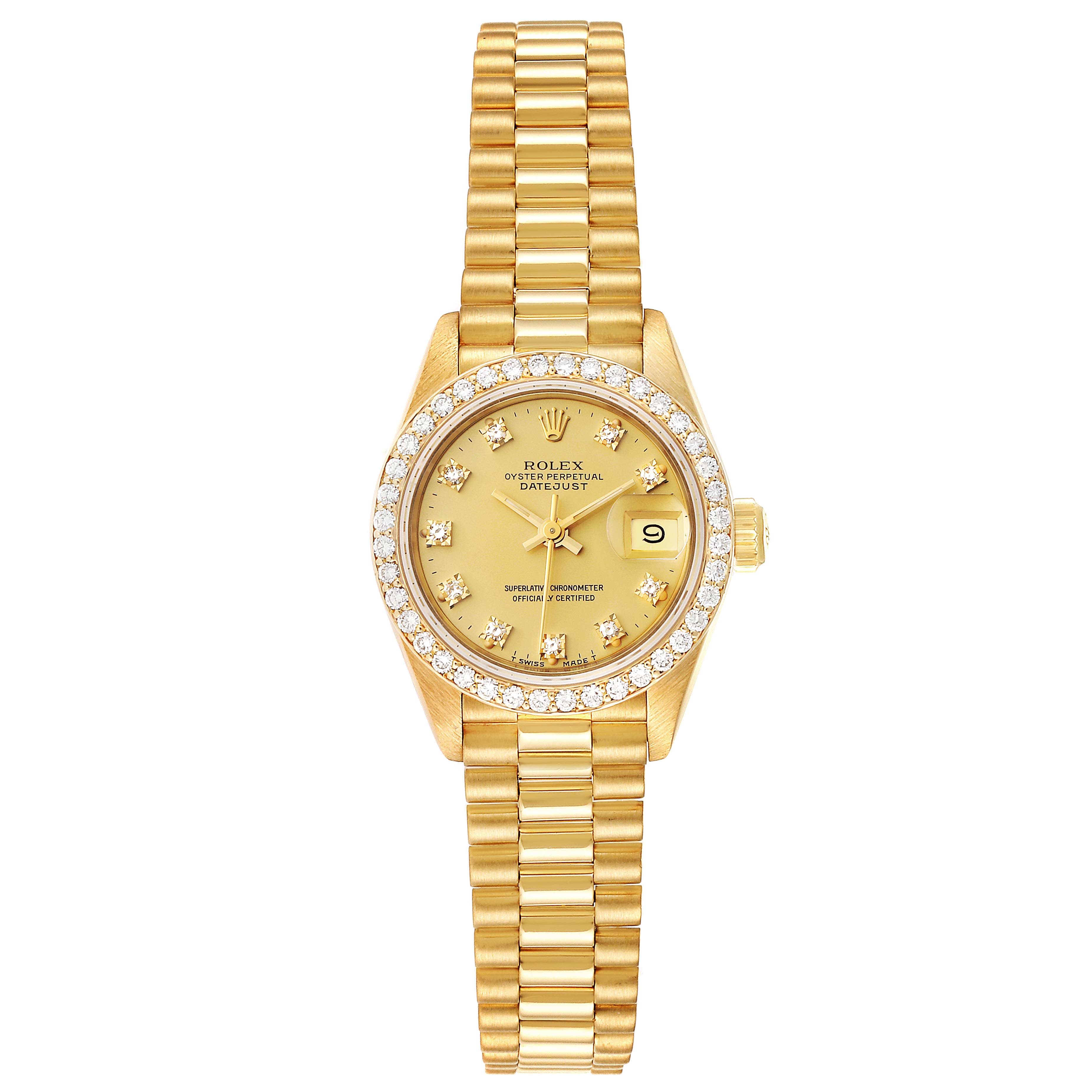 The image shows a Rolex President 69138 Women
s Yellow Gold Champagne Dial 69138 Women
s Yellow Gold Champagne Dial model watch from a front angle, displaying its gold bracelet, diamond-encrusted bezel, and face.
