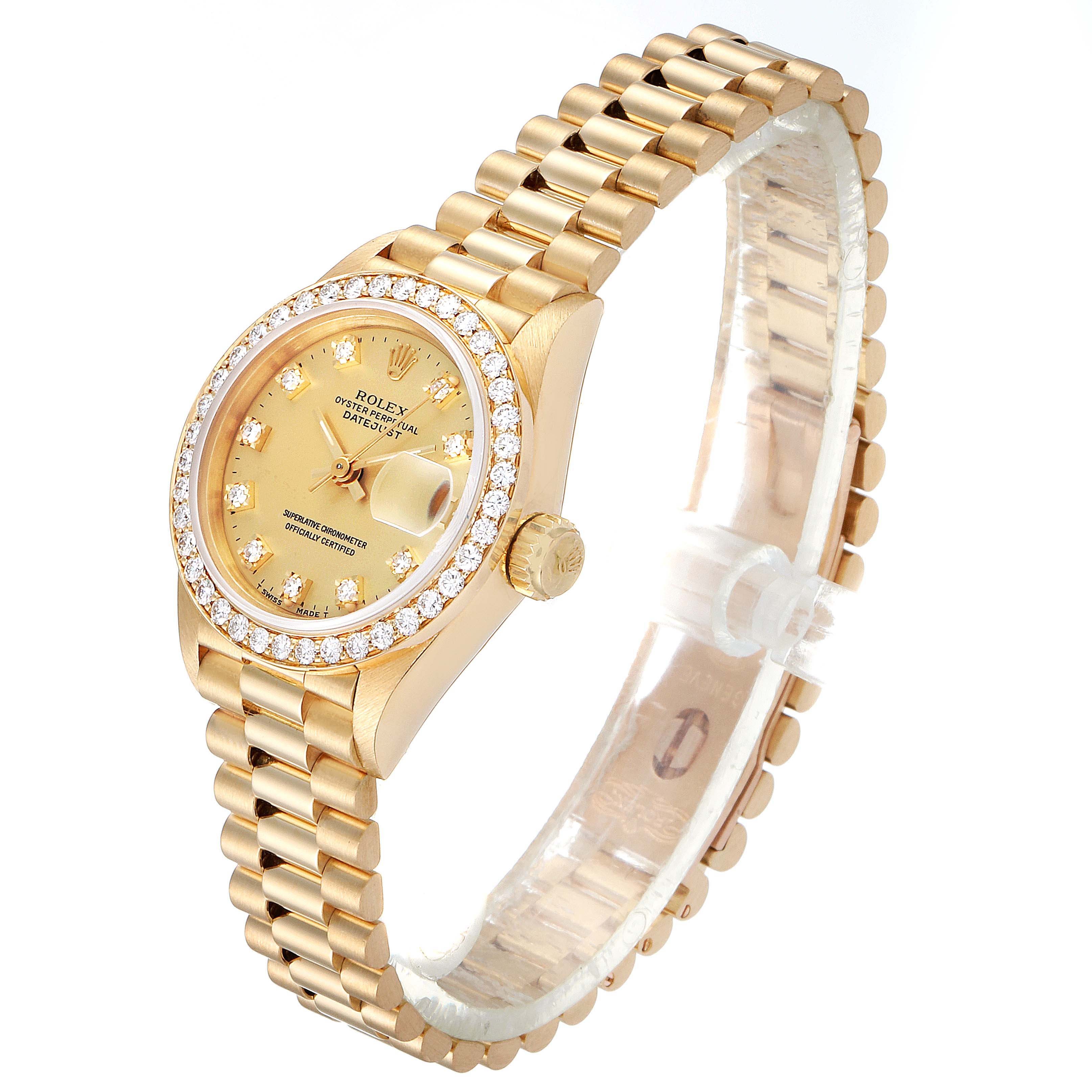 This image shows a Rolex President 69138 Women
s Yellow Gold Champagne Dial 69138 Women
s Yellow Gold Champagne Dial model watch at a 3/4 angle, featuring the bracelet, crown, bezel, and face.