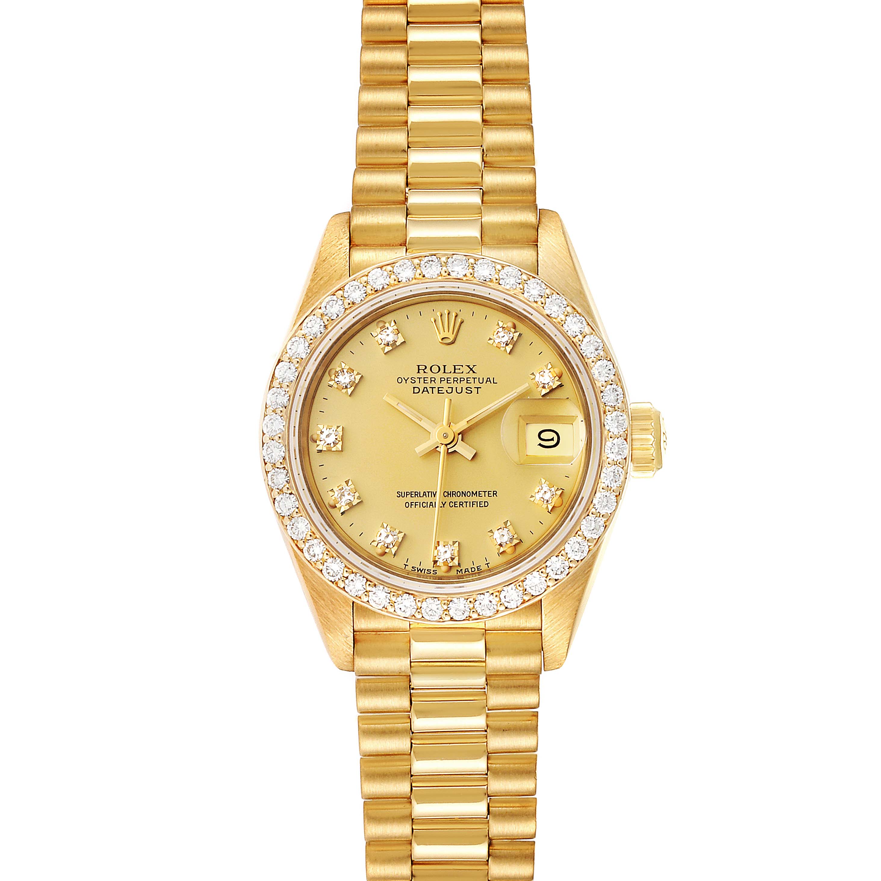The image shows a frontal view of the Rolex President 69138 Women
s Yellow Gold Champagne Dial 69138 Women
s Yellow Gold Champagne Dial model watch, highlighting its golden dial, diamond markers, and bracelet.