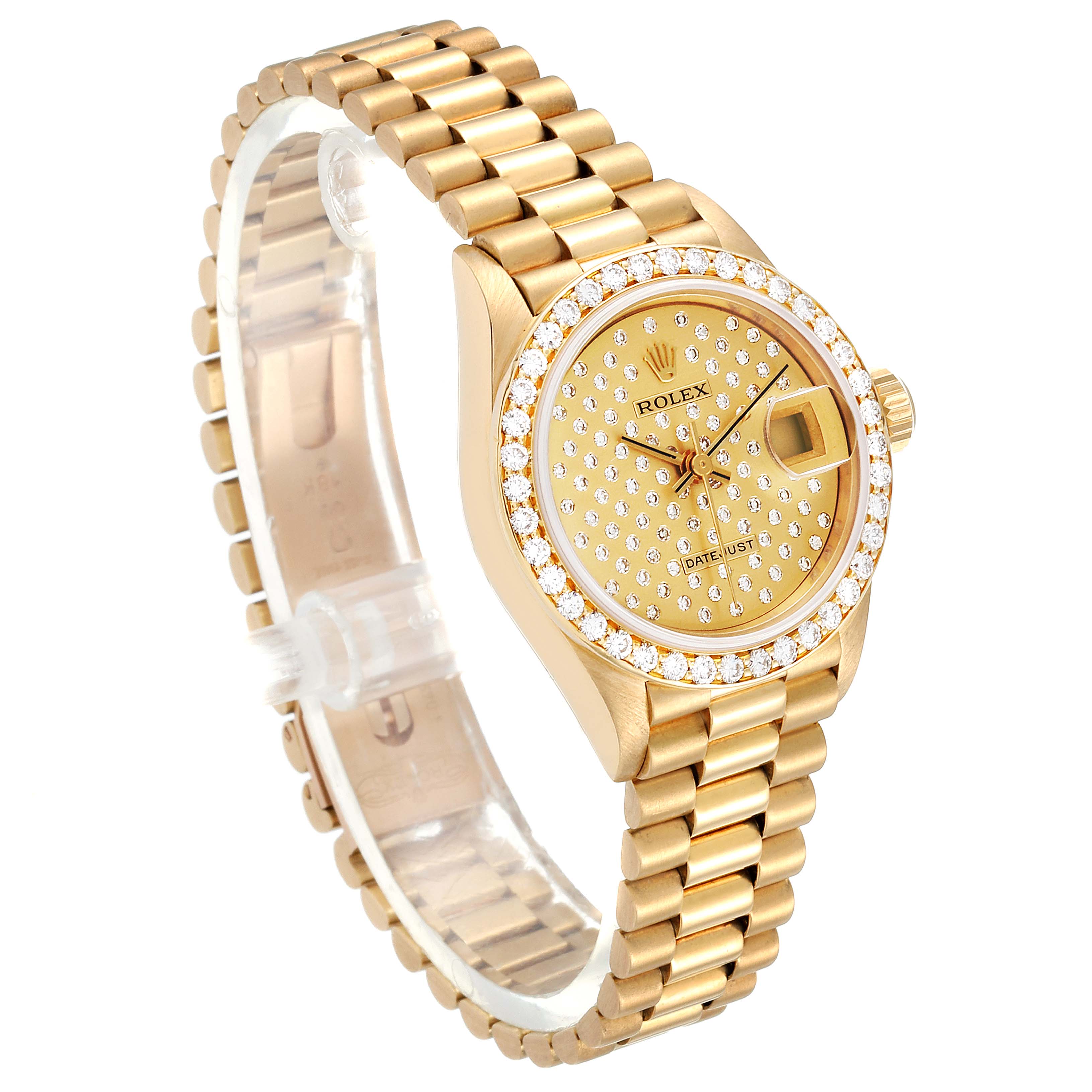The image shows an angled view of a Rolex President 69138 Women
s Yellow Gold Champagne Dial 69138 Women
s Yellow Gold Champagne Dial model watch, highlighting the face, bezel, band, and crown.