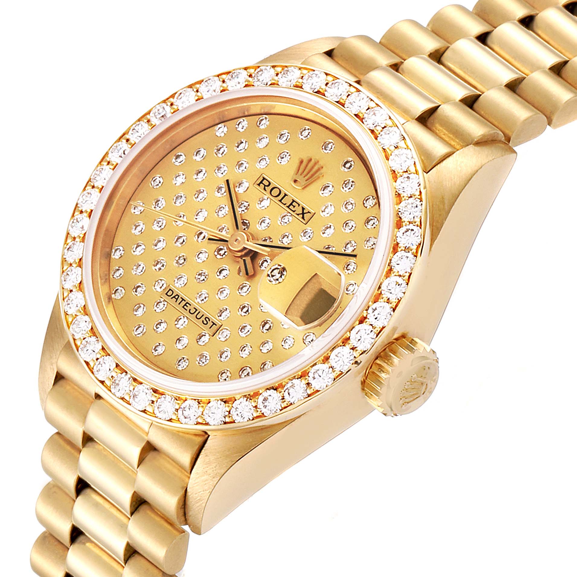 Rolex President Datejust Yellow Gold Pave Diamond Ladies Watch 69138 ...