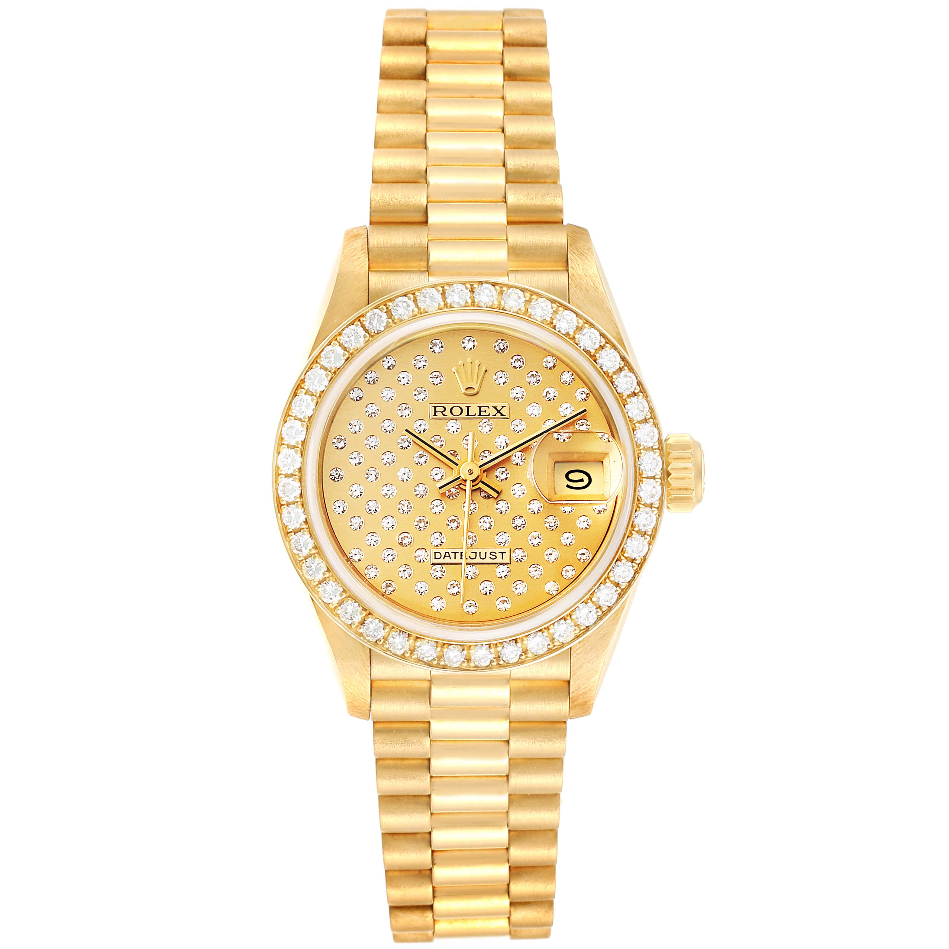 This image shows a Rolex President 69138 Women
s Yellow Gold Champagne Dial 69138 Women
s Yellow Gold Champagne Dial model watch from a top-down angle, highlighting the dial, bezel, bracelet, and date window.