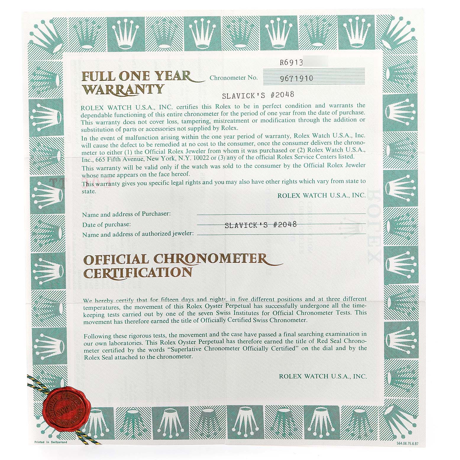 The image shows a full view of the official chronometer certification and warranty card for a Rolex President 69138 Women
s Yellow Gold Champagne Dial 69138 Women
s Yellow Gold Champagne Dial model watch.