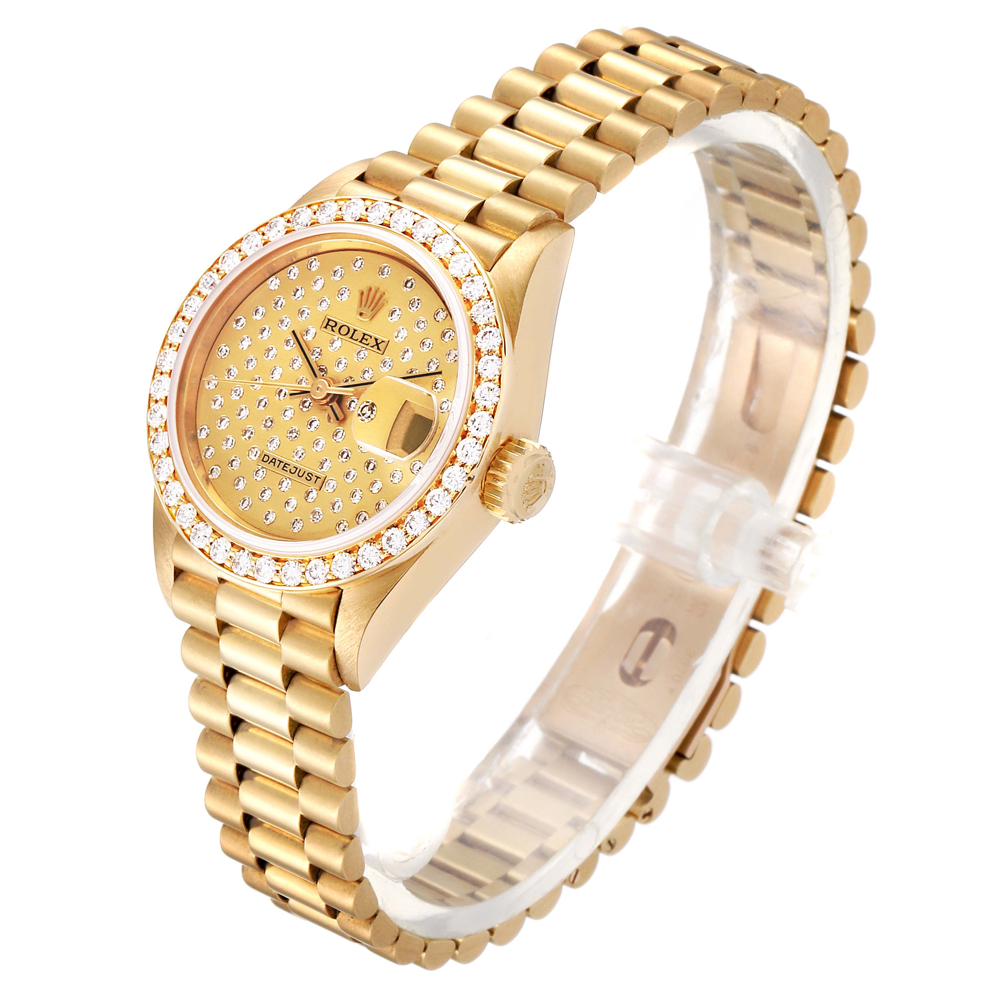 This image shows the Rolex President 69138 Women
s Yellow Gold Champagne Dial 69138 Women
s Yellow Gold Champagne Dial model watch angled from the top-left, highlighting its gold band, diamond bezel, and detailed face.