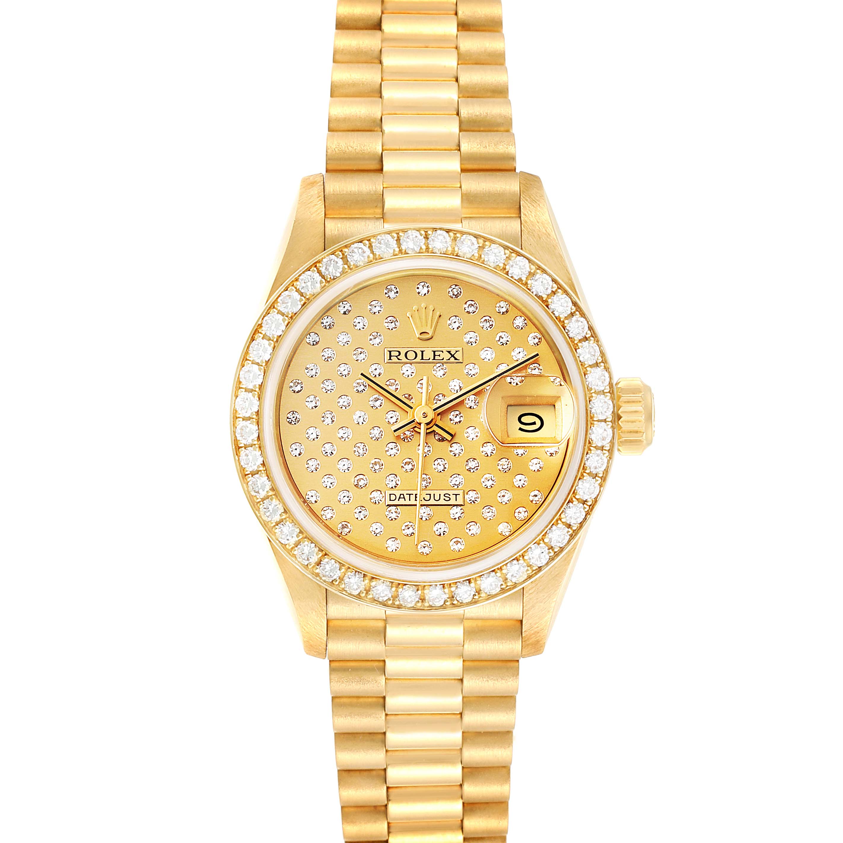 This image shows a Rolex President 69138 Women
s Yellow Gold Champagne Dial 69138 Women
s Yellow Gold Champagne Dial model watch from a frontal angle, highlighting its face, bezel, and band.