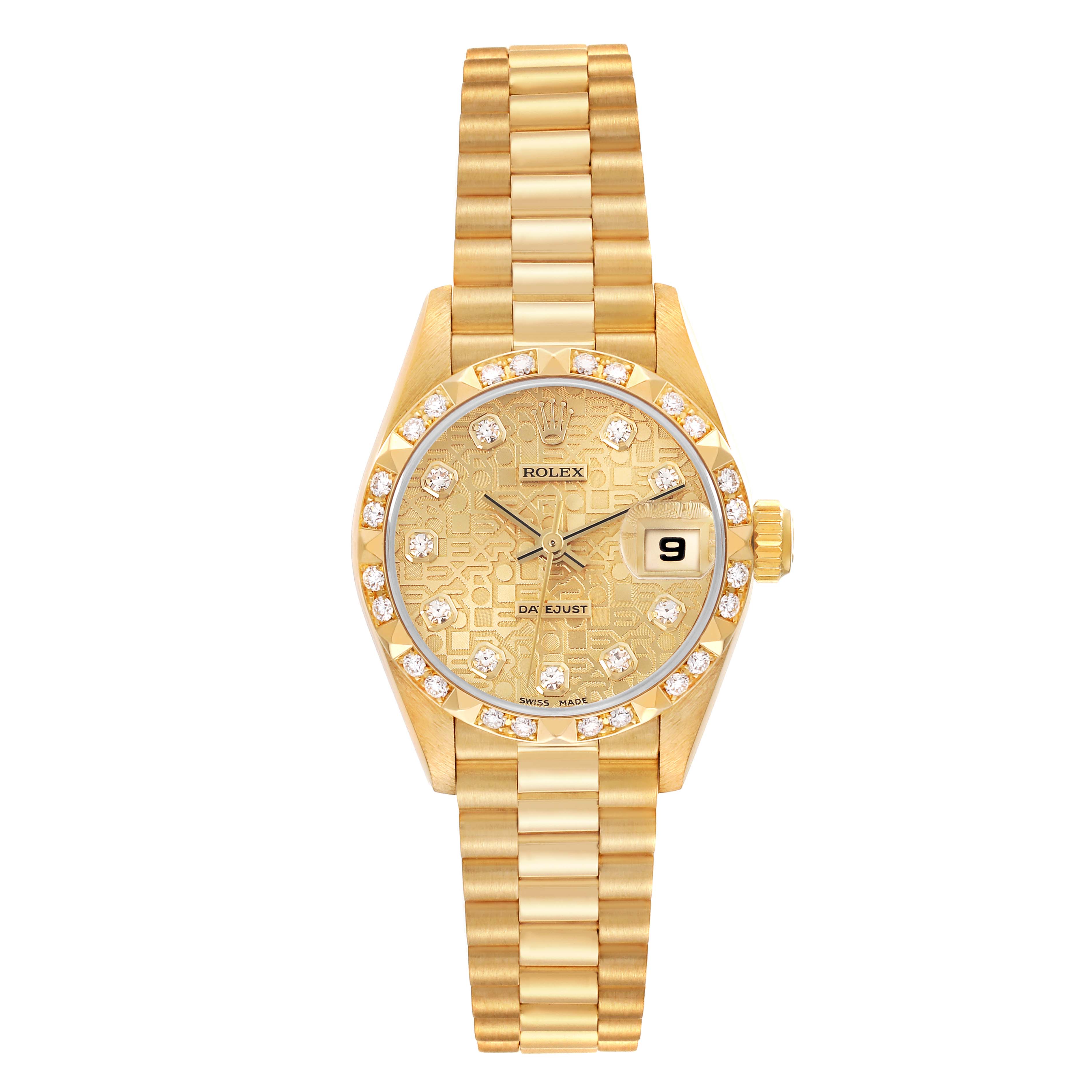 The Rolex President 69258 Women's Yellow Gold Champagne Dial 69258 Women's Yellow Gold Champagne Dial model watch is shown from the front, displaying the dial, bezel, crown, and bracelet.
