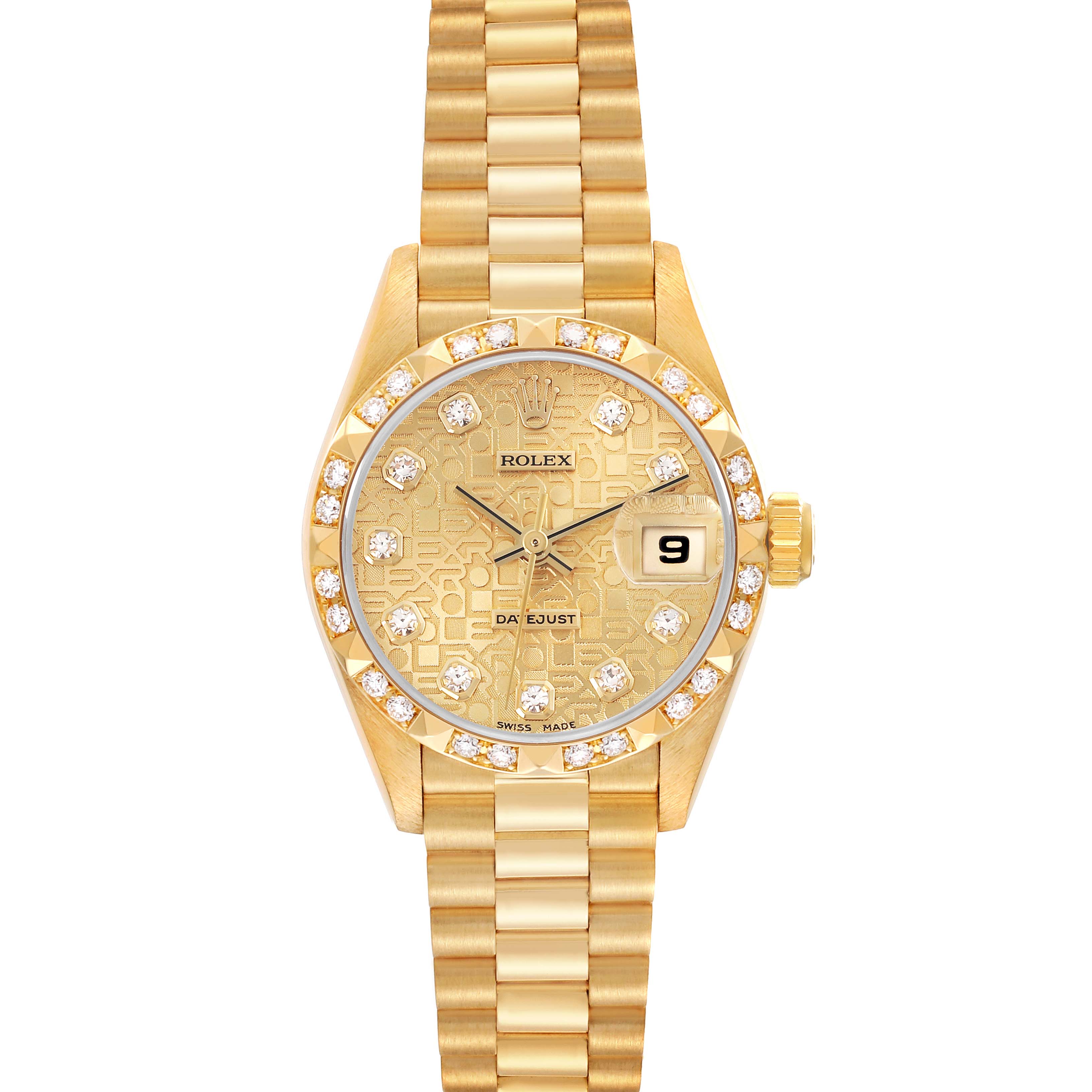 The Rolex President 69258 Women's Yellow Gold Champagne Dial 69258 Women's Yellow Gold Champagne Dial model watch is shown from a top view, highlighting its face, bezel, and bracelet.