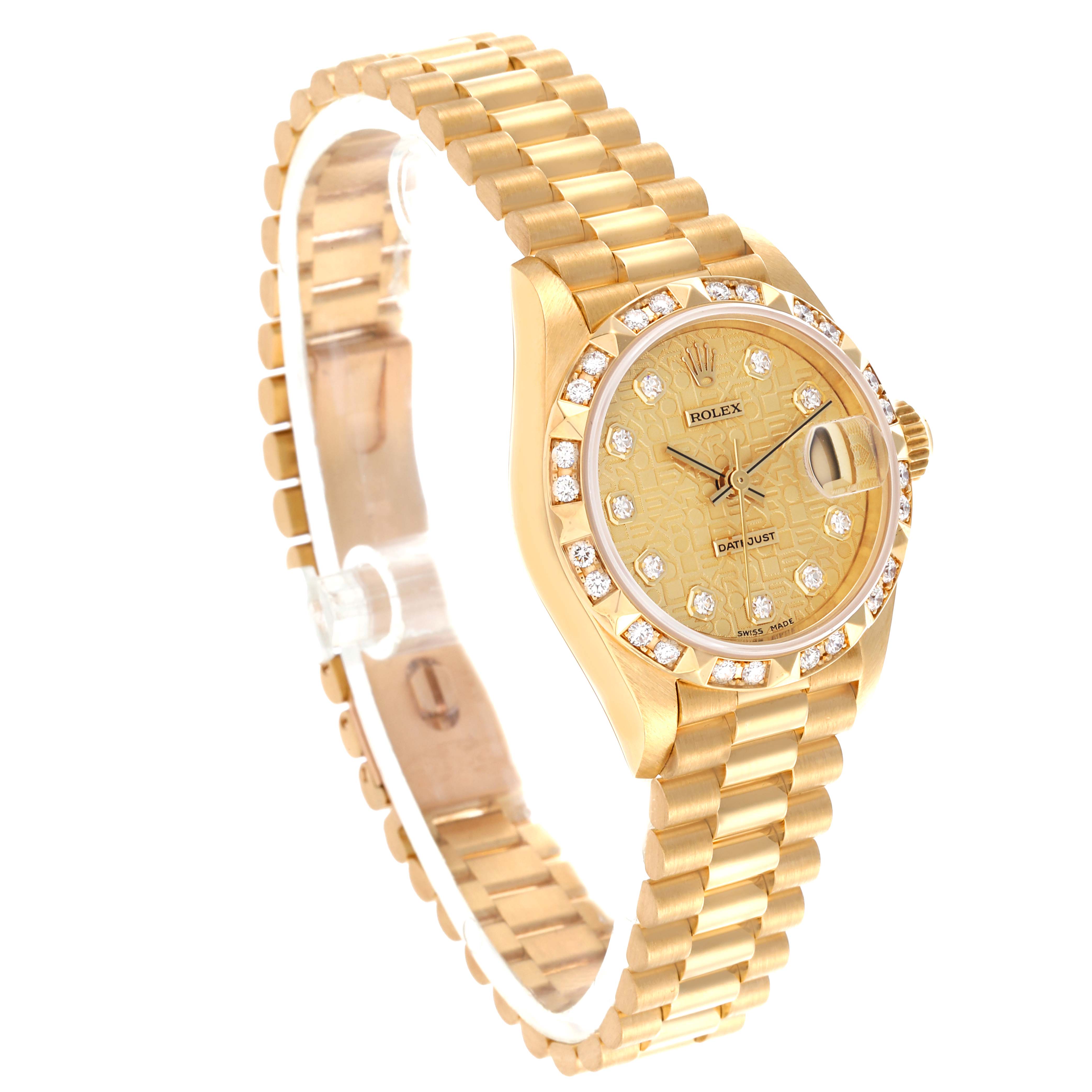 The Rolex President 69258 Women's Yellow Gold Champagne Dial 69258 Women's Yellow Gold Champagne Dial model watch is shown at a slight angled side view, revealing the face, band, and bezel with diamond details.
