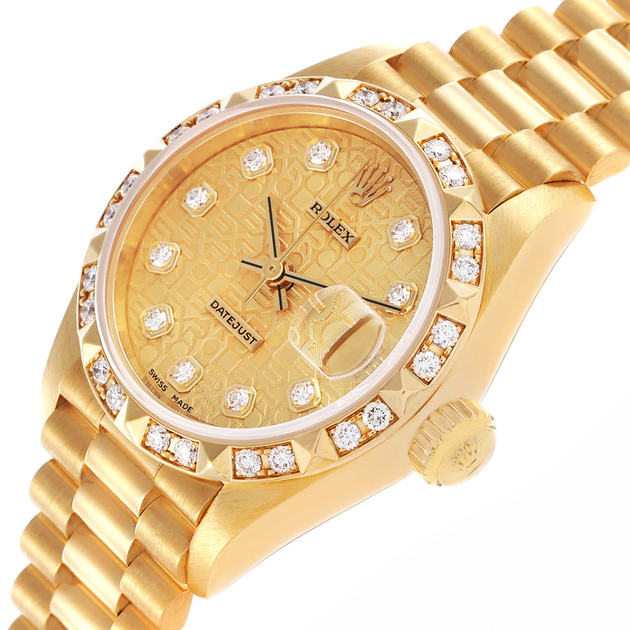 The Rolex President 69258 Women's Yellow Gold Champagne Dial 69258 Women's Yellow Gold Champagne Dial watch is shown from an angled view, highlighting the face, bezel, crown, and bracelet.