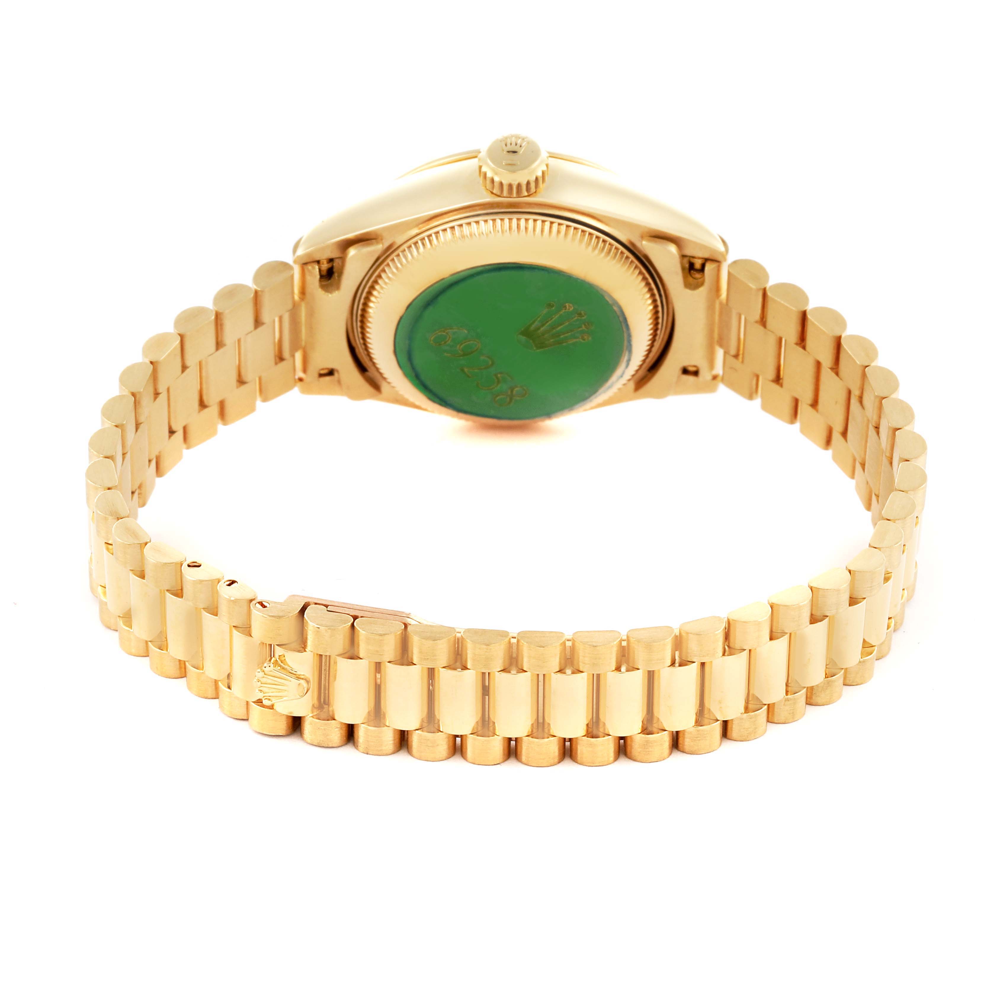 The image shows the back view of a Rolex President 69258 Women's Yellow Gold Champagne Dial 69258 Women's Yellow Gold Champagne Dial watch, highlighting the bracelet and case back.