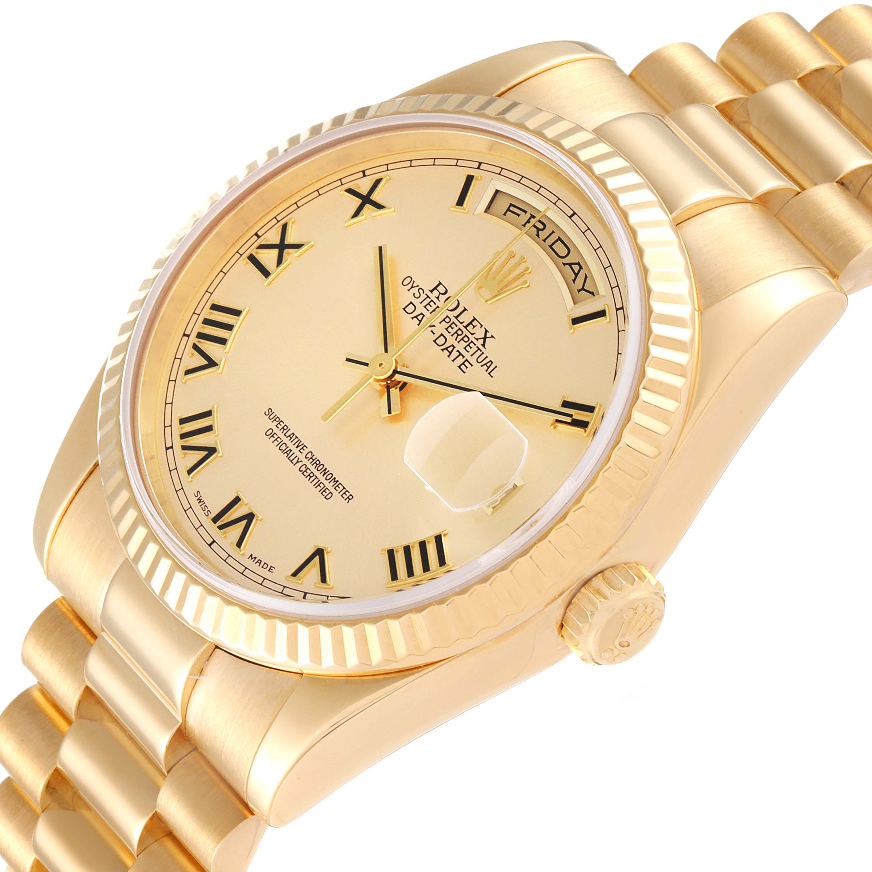 The image shows a close-up angle of a Rolex President 118238 Men
s Yellow Gold Champagne Dial 118238 Men
s Yellow Gold Champagne Dial model watch, highlighting the dial, bezel, crown, and part of the bracelet.