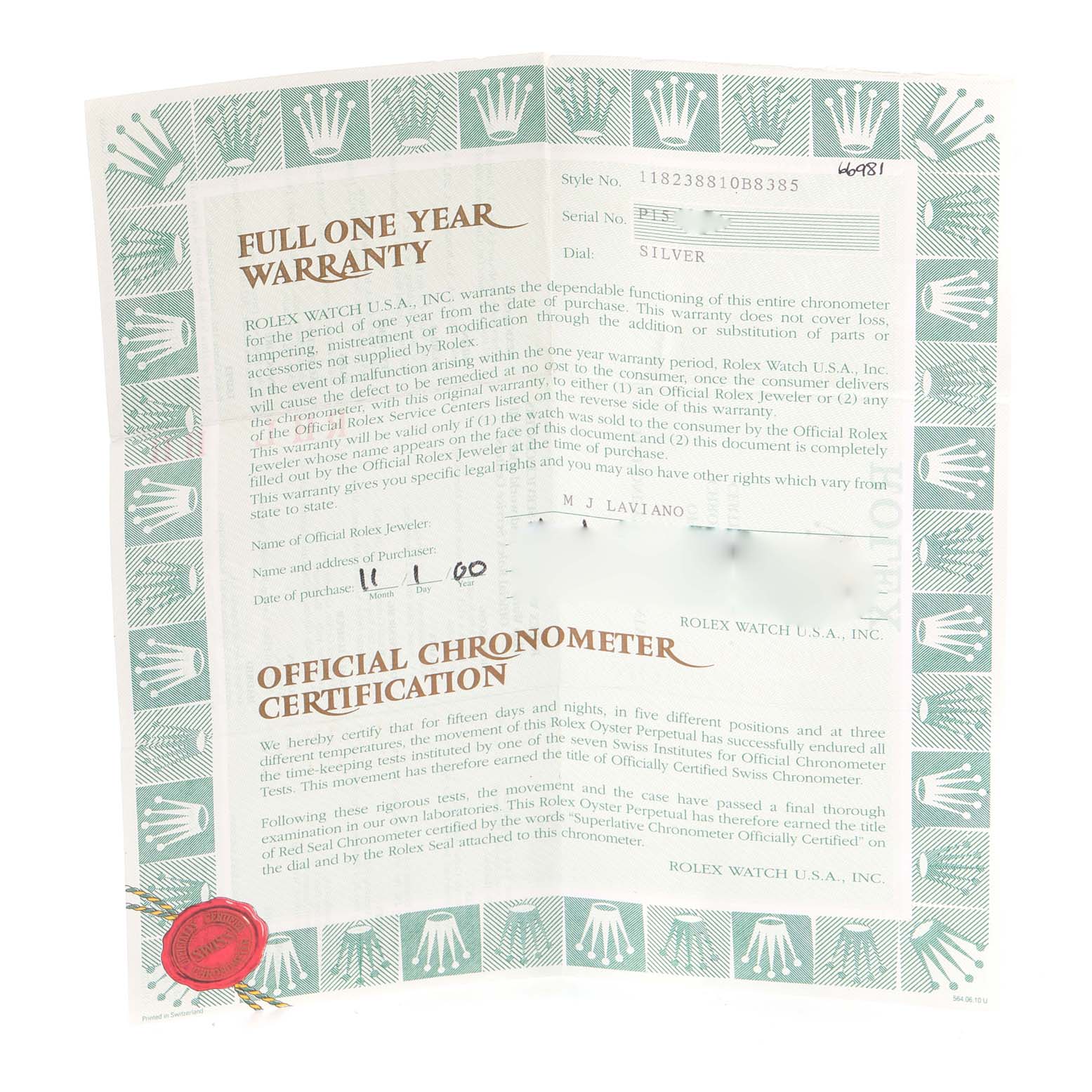 The image shows the warranty and chronometer certification papers for a Rolex President 118238 Men
s Yellow Gold Champagne Dial 118238 Men
s Yellow Gold Champagne Dial model watch.