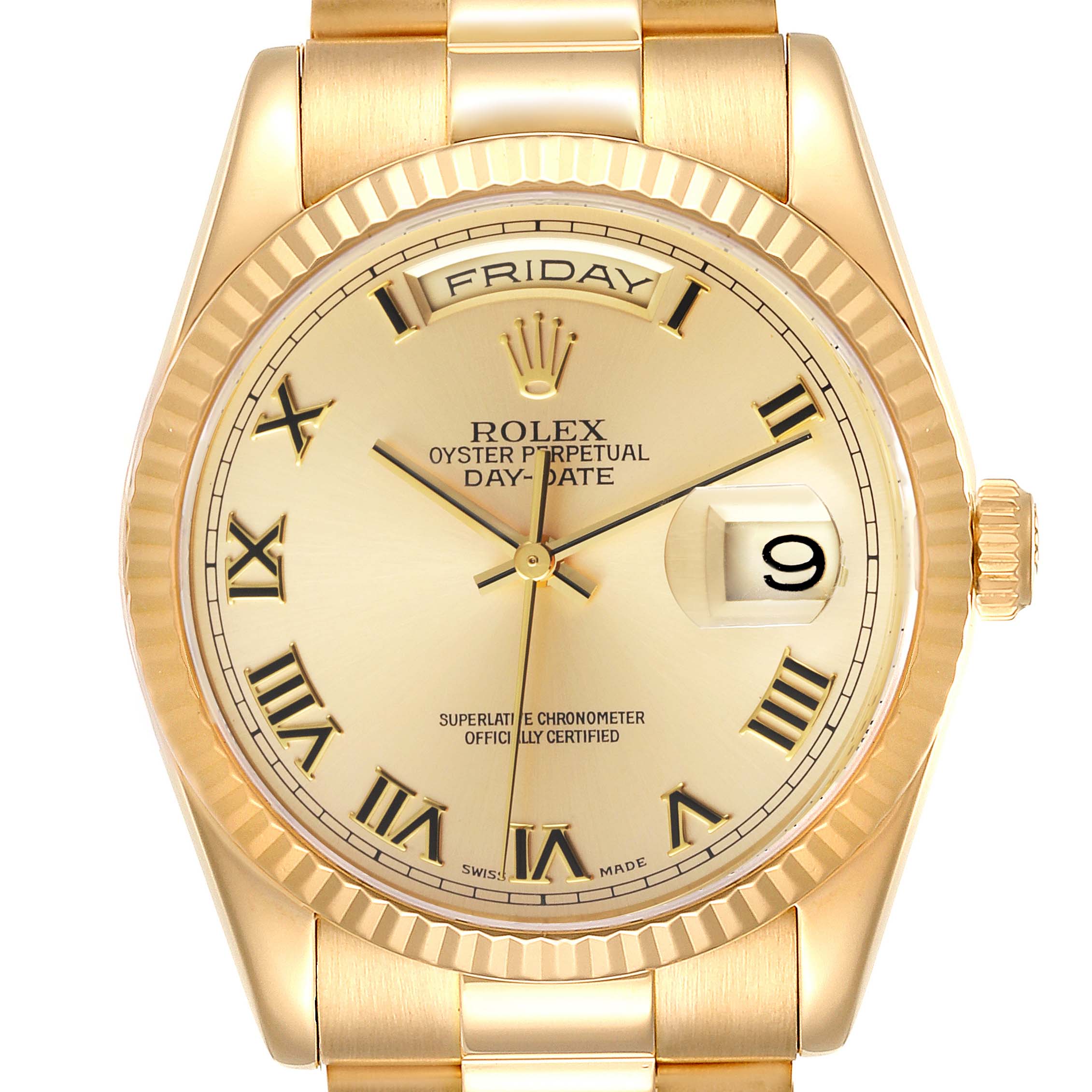 The image shows a front view of the Rolex President 118238 Men
s Yellow Gold Champagne Dial 118238 Men
s Yellow Gold Champagne Dial model watch, featuring the face, hands, date window, and bracelet.